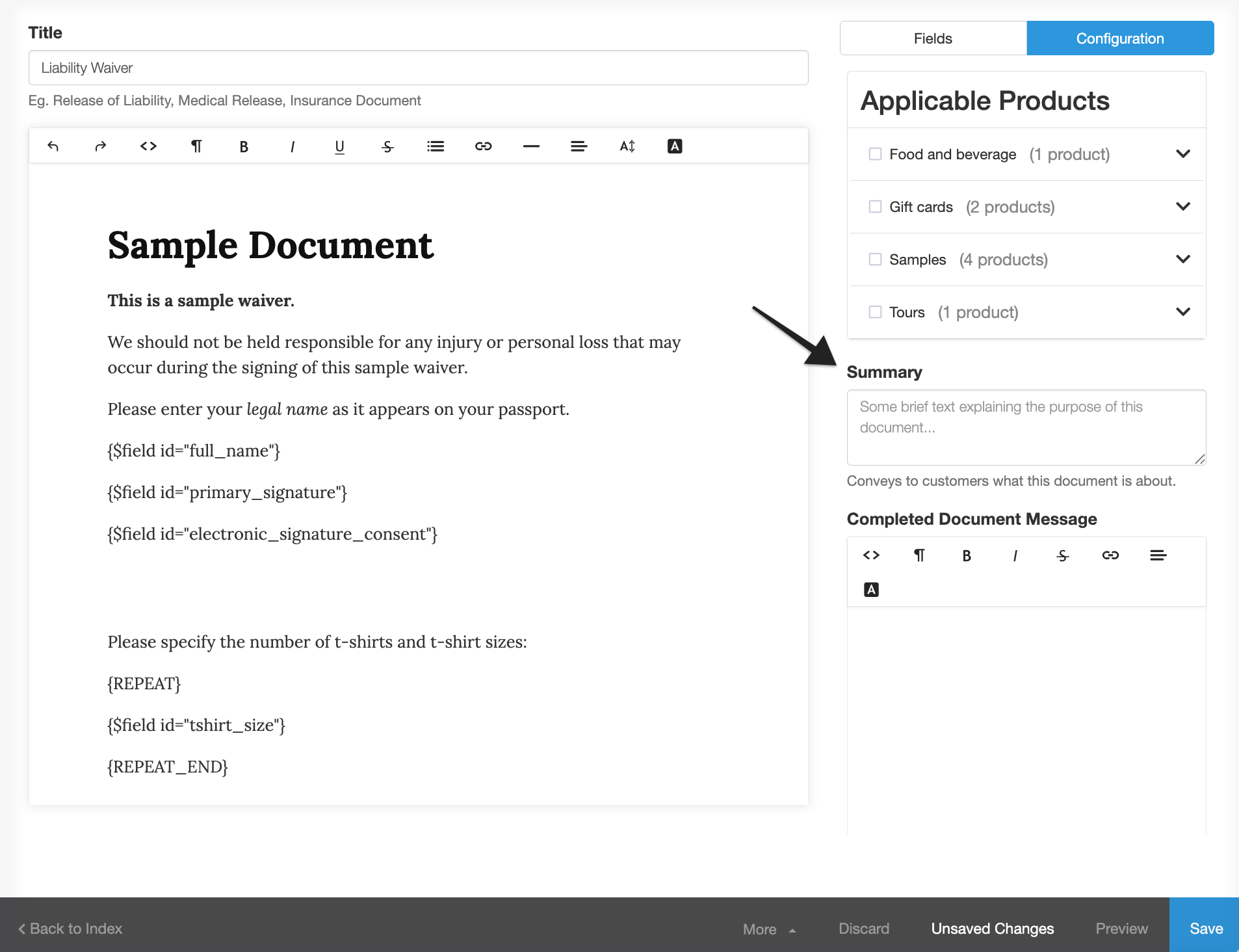 Waiver template with annotation pointing to the 'Summary' section.