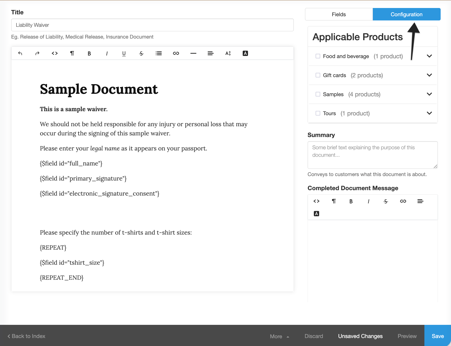 Waiver template with annotation pointing to 'Configuration' tab