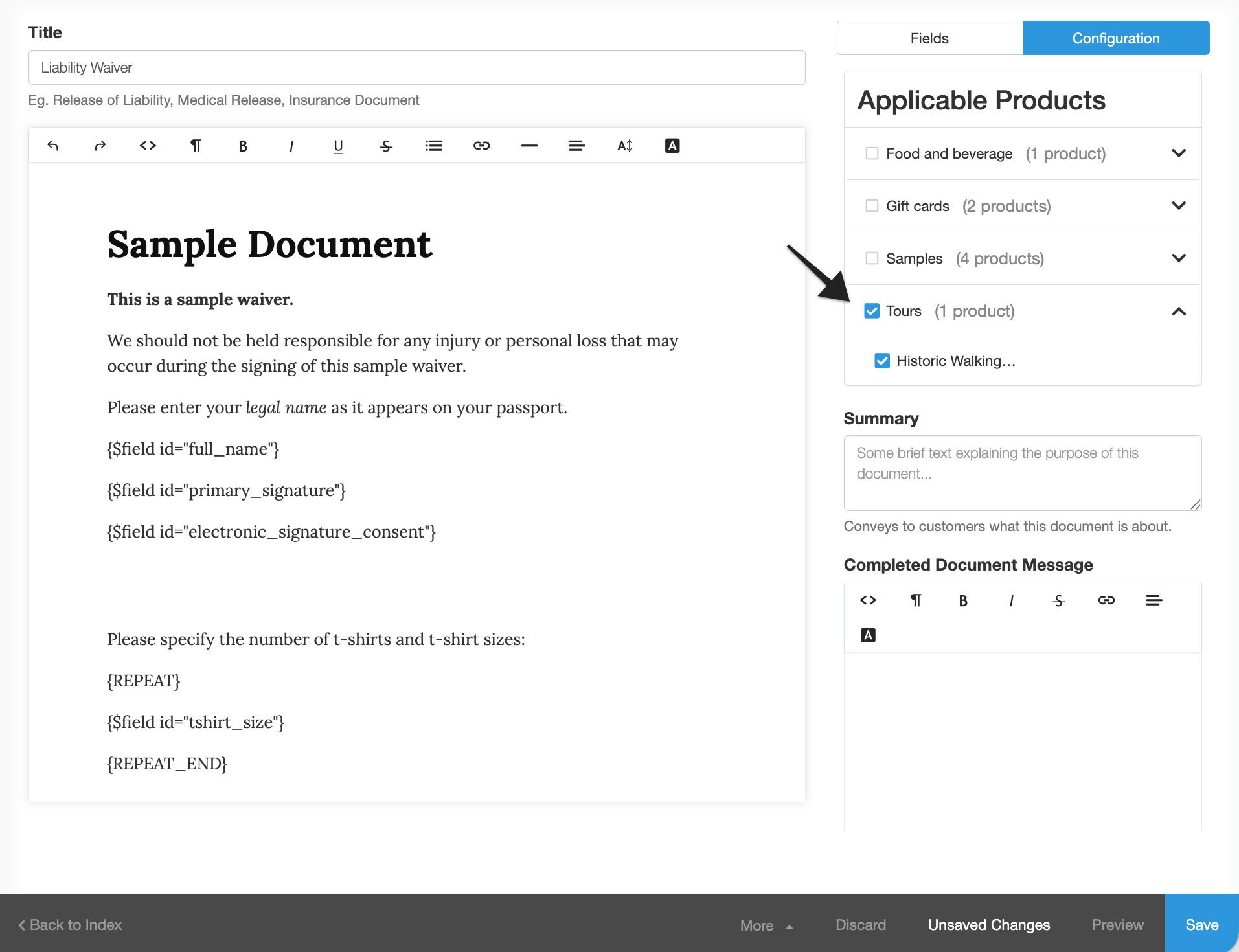 Waiver template with annotation pointing to 'Applicable Products'.