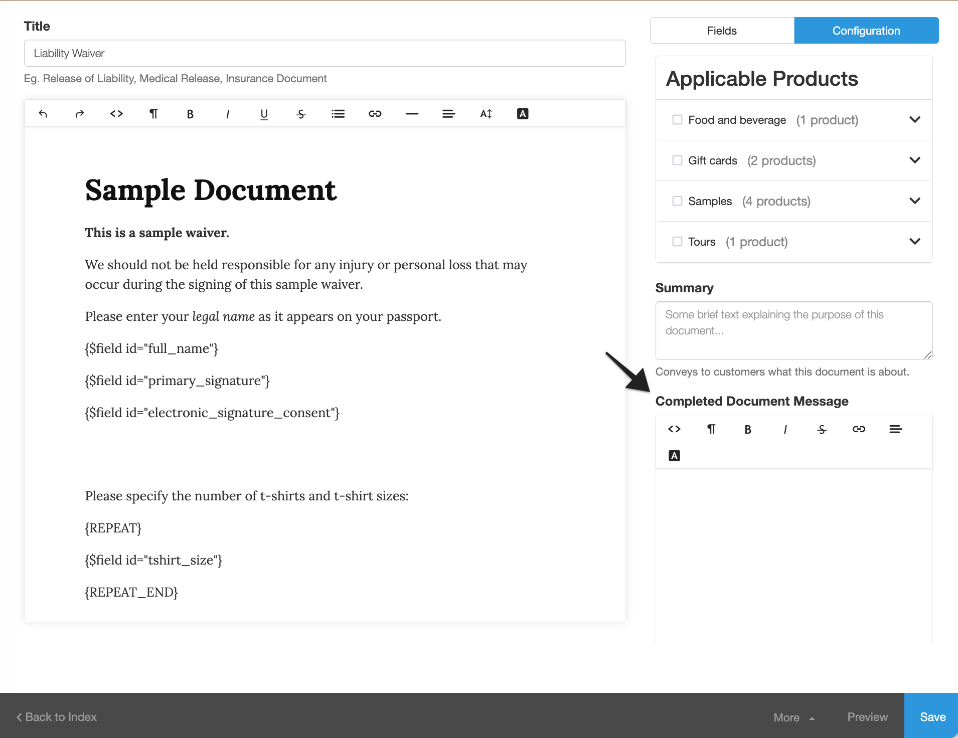 Waiver template with annotation pointing to the 'Completed Document Message'.