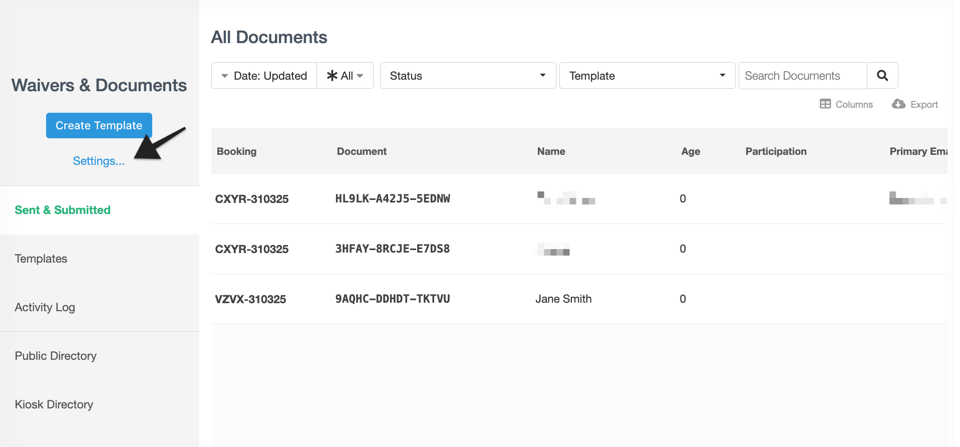 Sent & Submitted page of the Waivers & Documents feature with annotation pointing to Settings link.