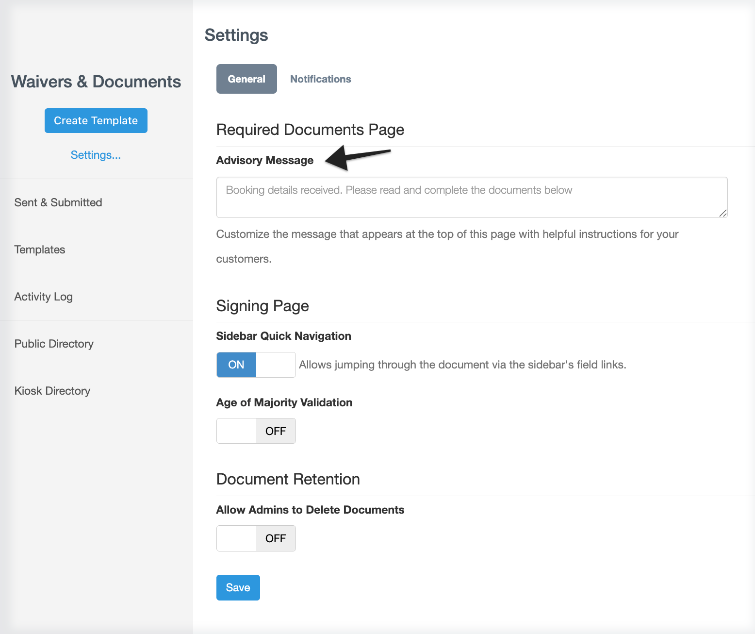 Waivers and documents features with focus on Advisory Message setting under General Settings.