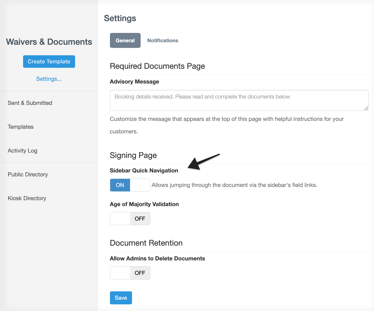 Waivers and documents features with focus on Sidebar Quick Navigation setting under General Settings.