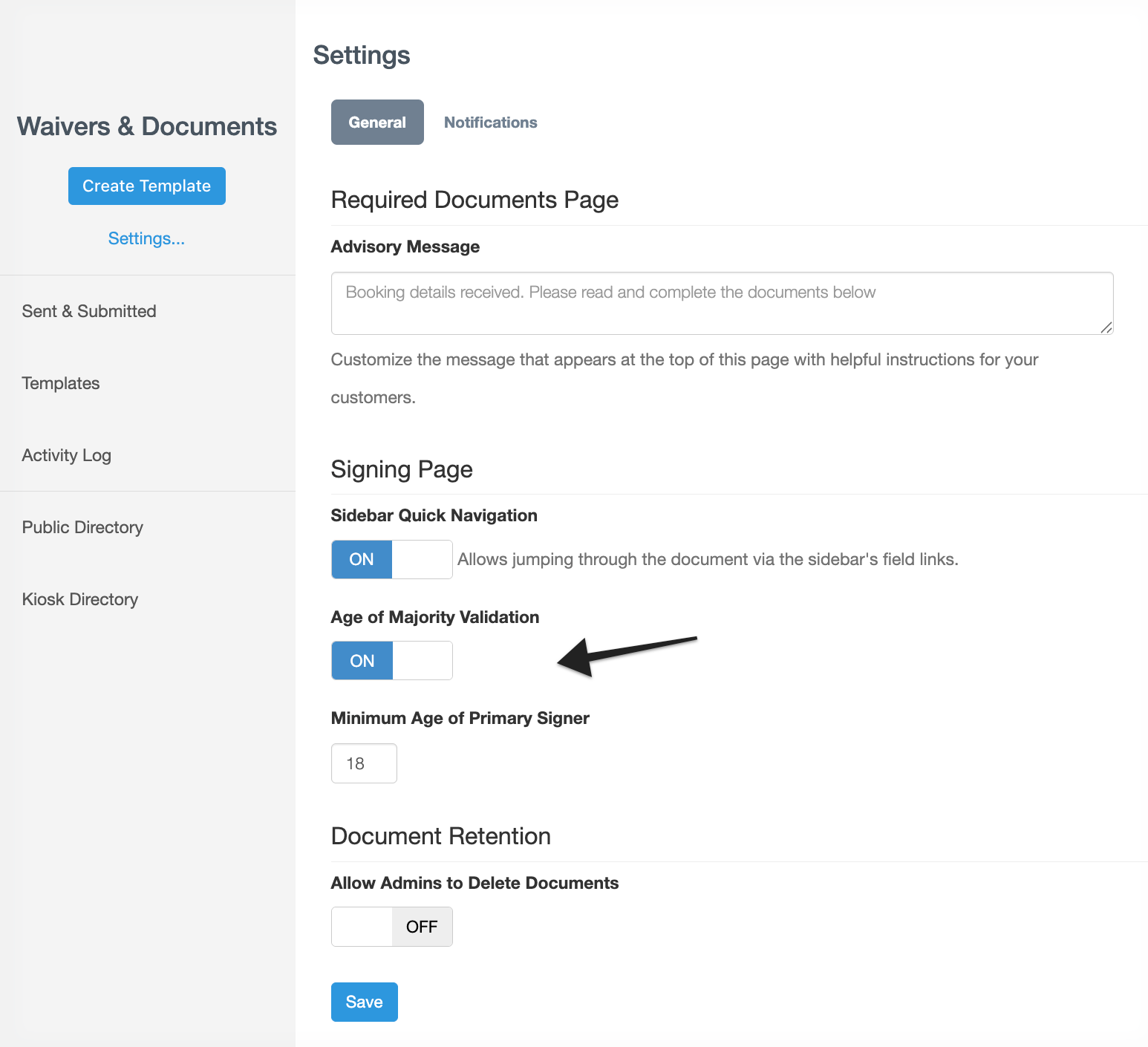 Waivers and documents features with focus on Age of Majority Validation setting under General Settings.