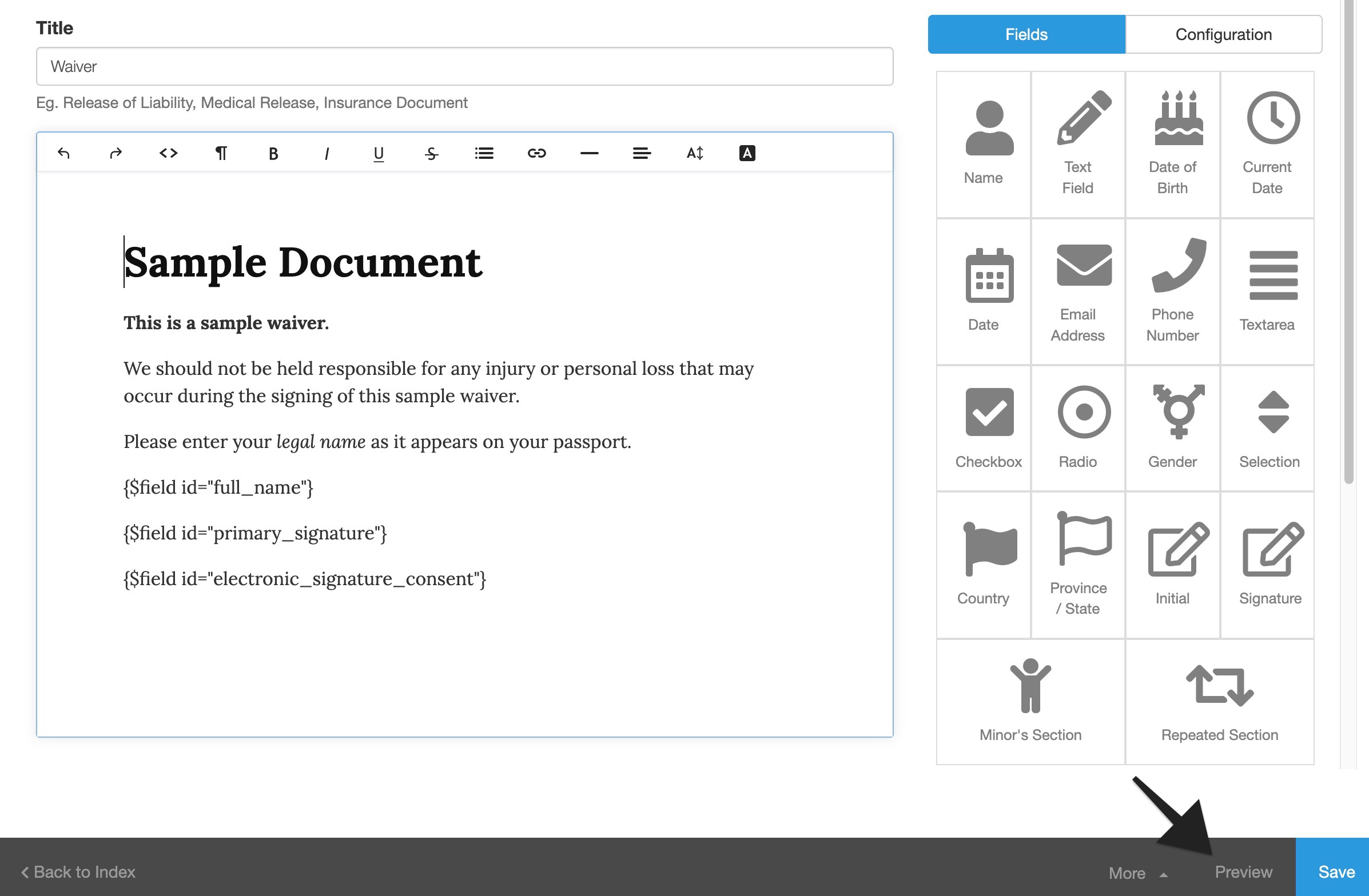 Waiver template editor showing the preview button highlighted with an arrow at the bottom right corner.