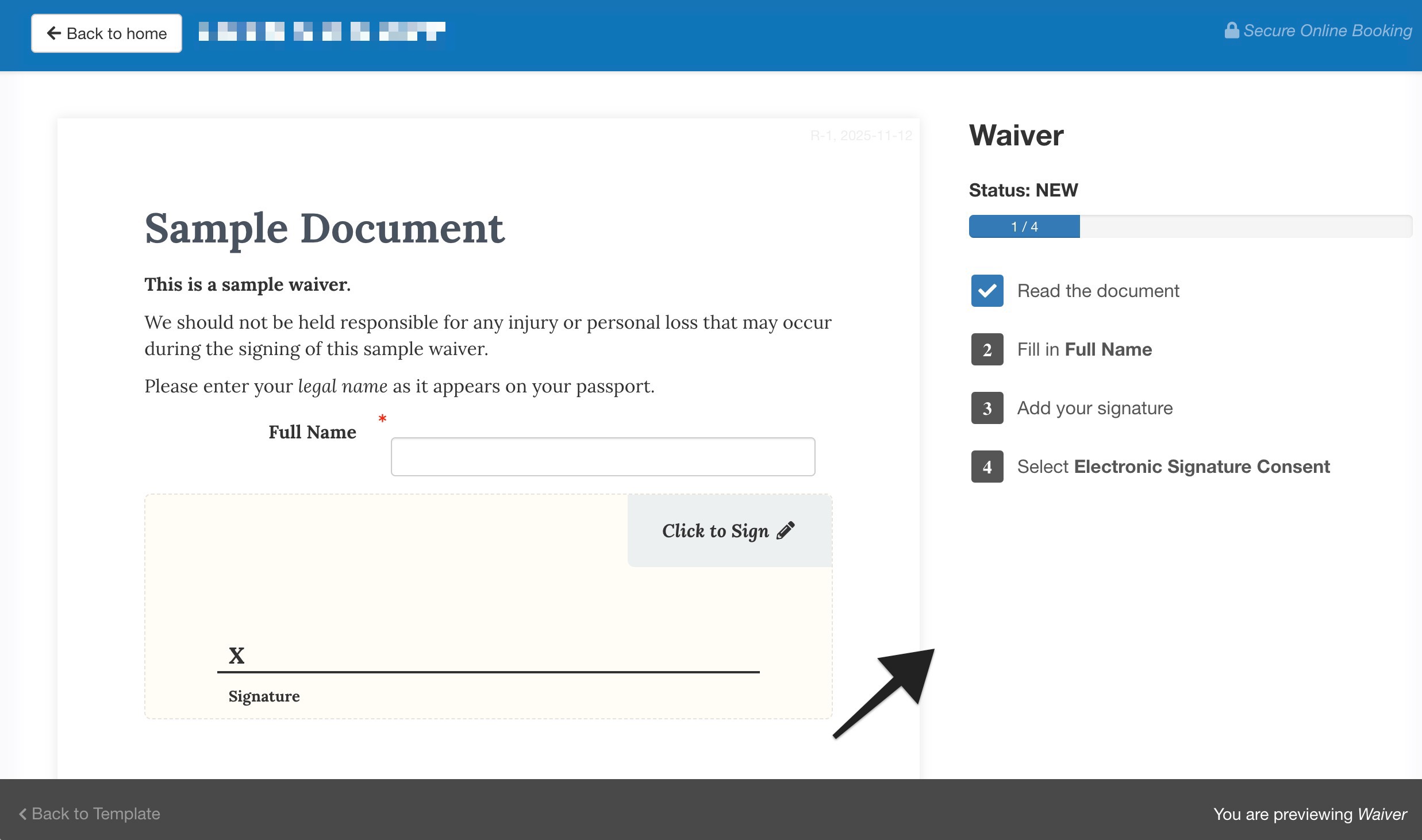 Waiver preview form displaying full name and signature fields with an arrow pointing to the right side of the screen.