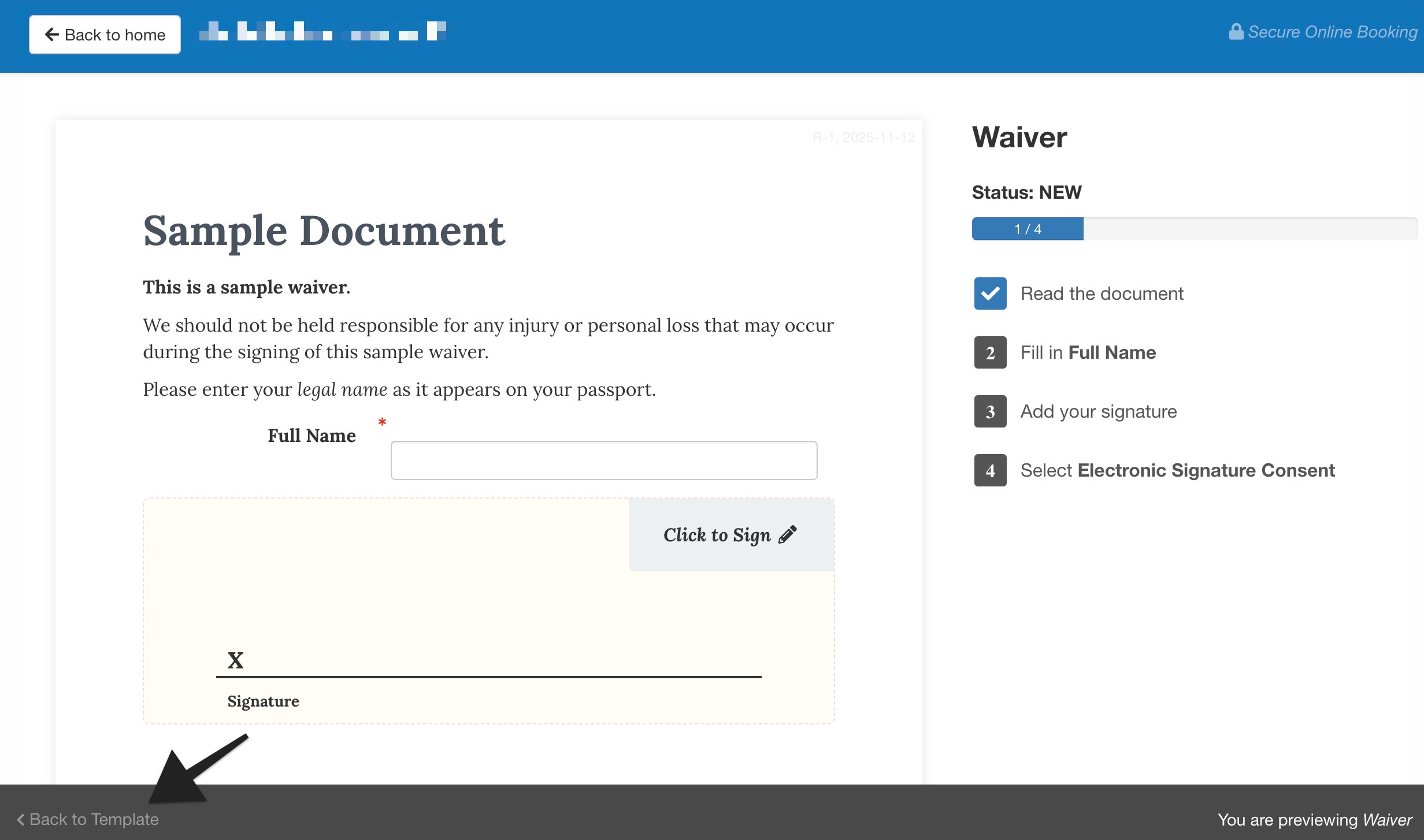 Preview screen of a sample waiver form showing a back to template button highlighted with an arrow at the bottom left.