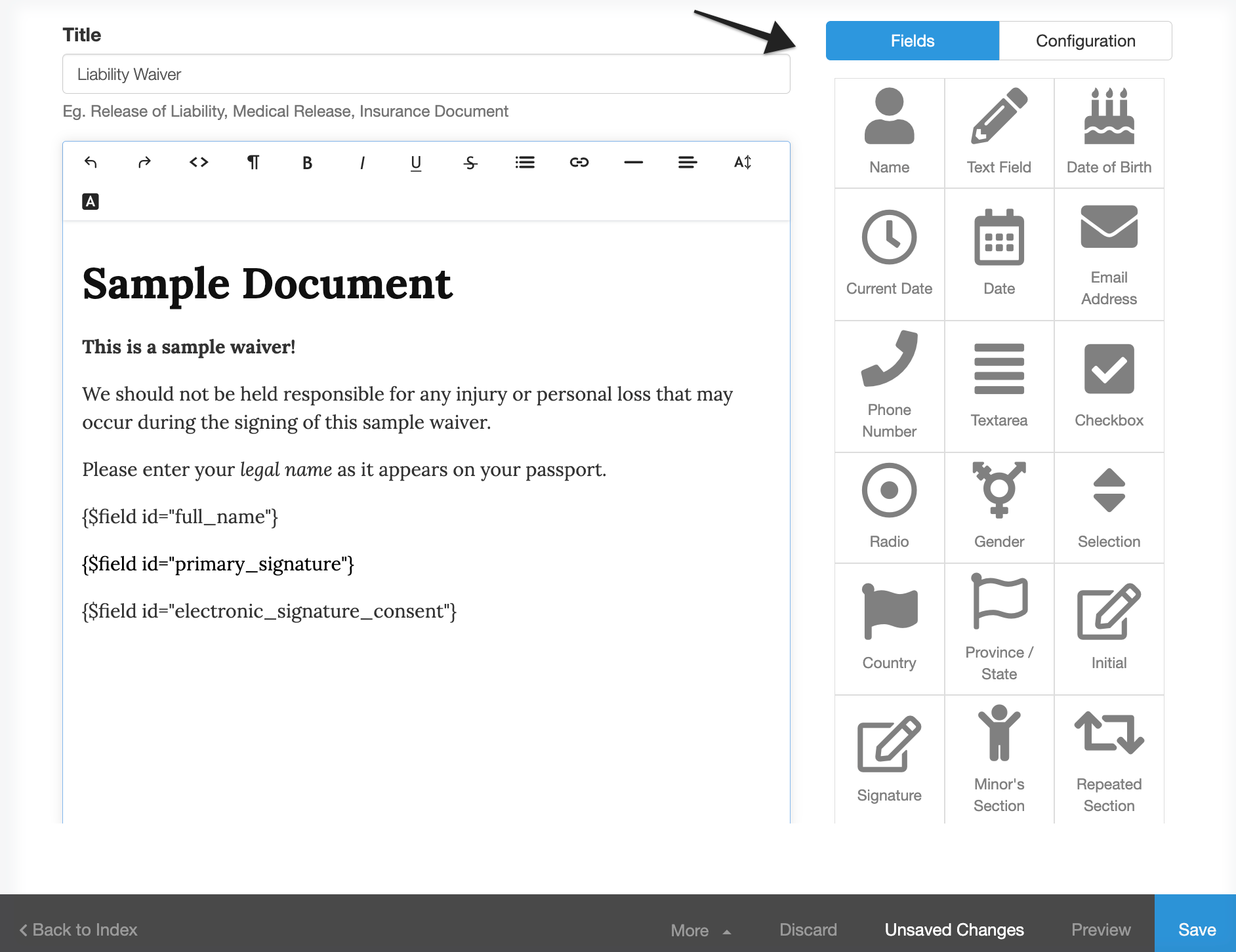 Waivers & documents template builder with annotation pointing to Fields tab.