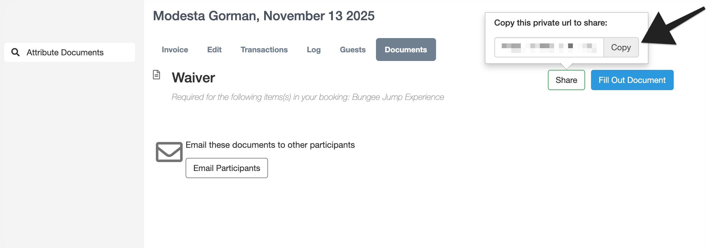 Waiver document page showing a pop-up with a private sharing URL and a copy button highlighted by an arrow.