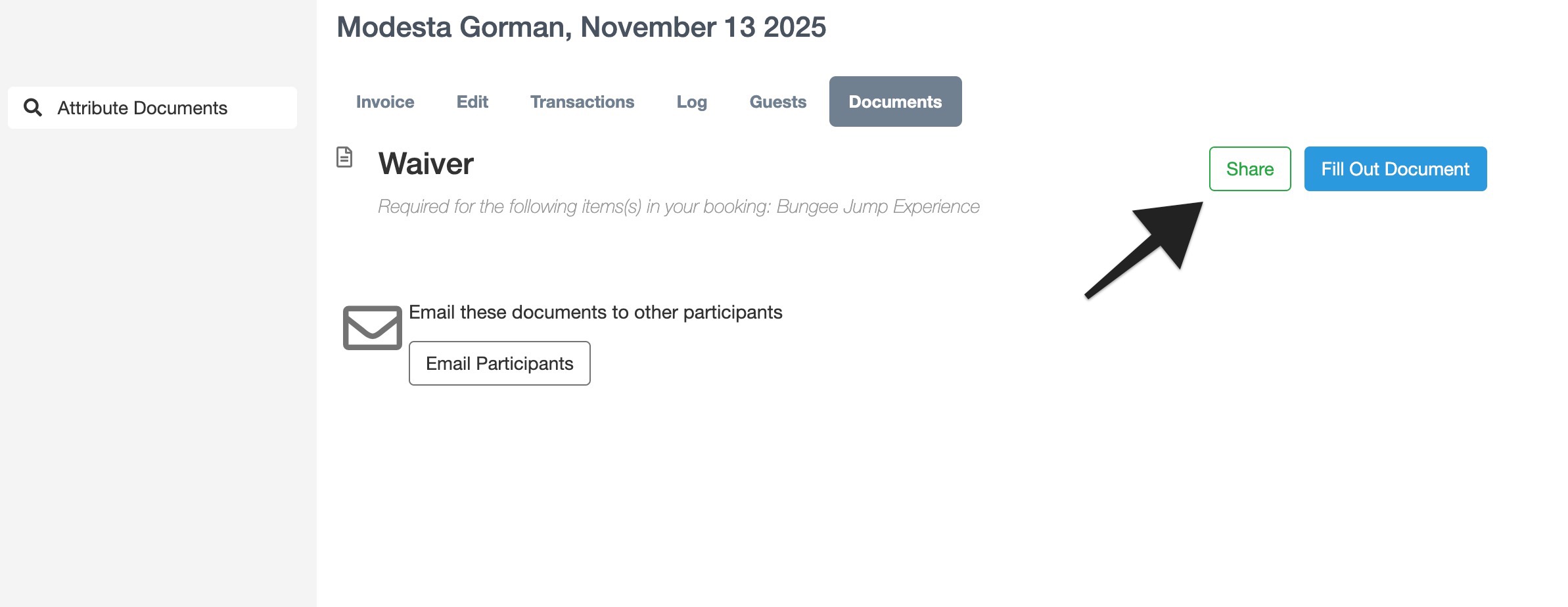 Waiver document page displaying the share button highlighted with an arrow next to the fill out document option.
