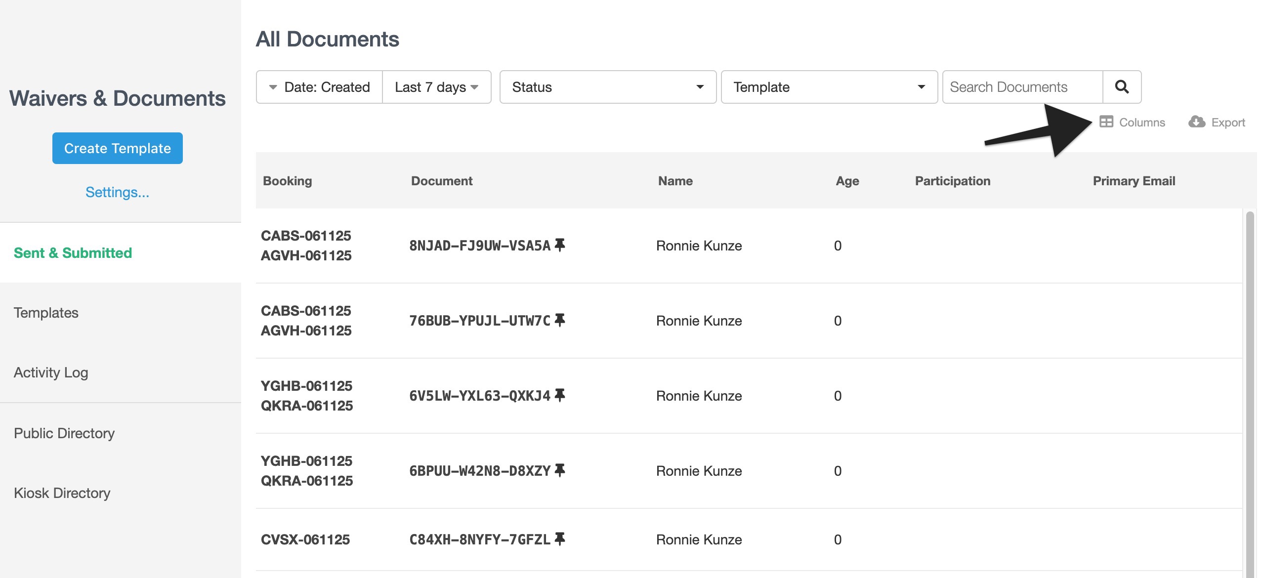 All Documents page showing the columns button highlighted with an arrow for customizing visible data fields.
