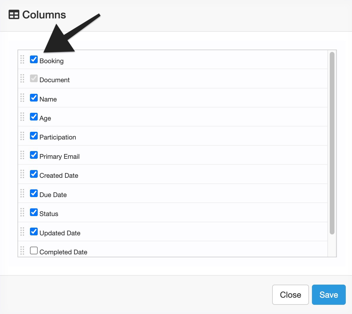 Columns configuration menu displaying multiple selectable checkboxes for document table fields.