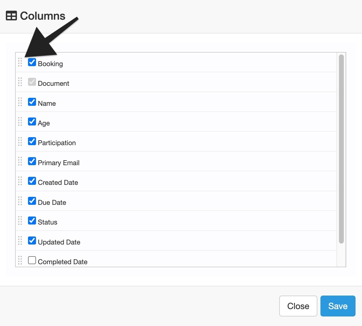 Columns configuration menu highlighting the drag handle dots beside the booking field for reordering.
