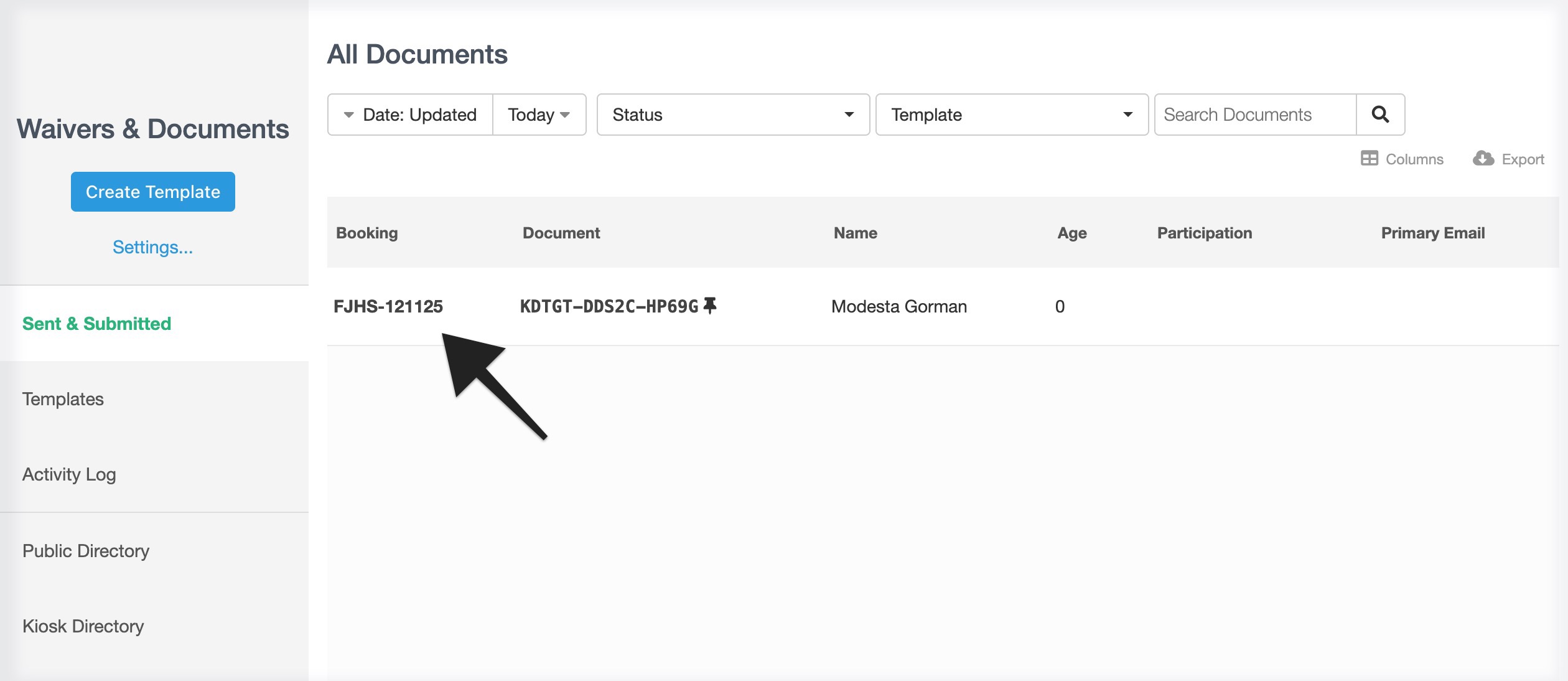 All Documents page showing a highlighted booking ID under the booking column with an arrow pointing to it.