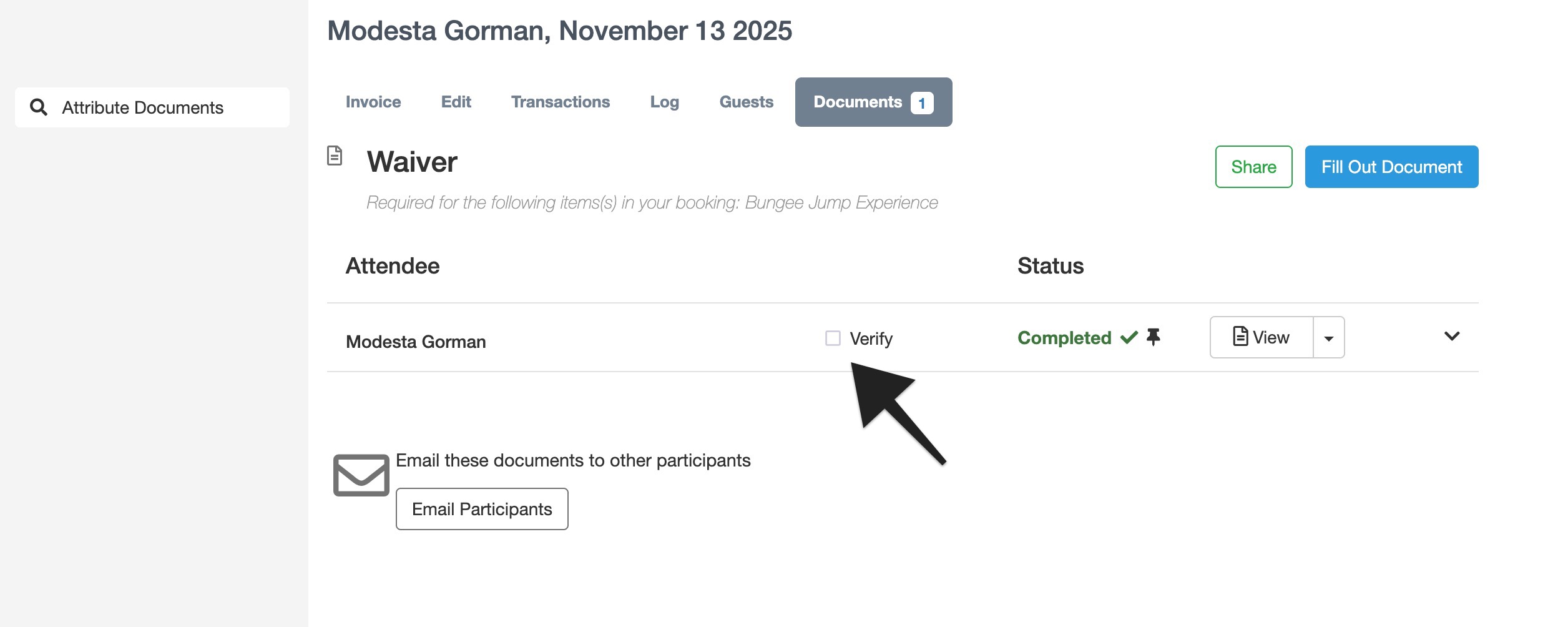 Waiver details page highlighting the verify checkbox beside the attendee’s name.