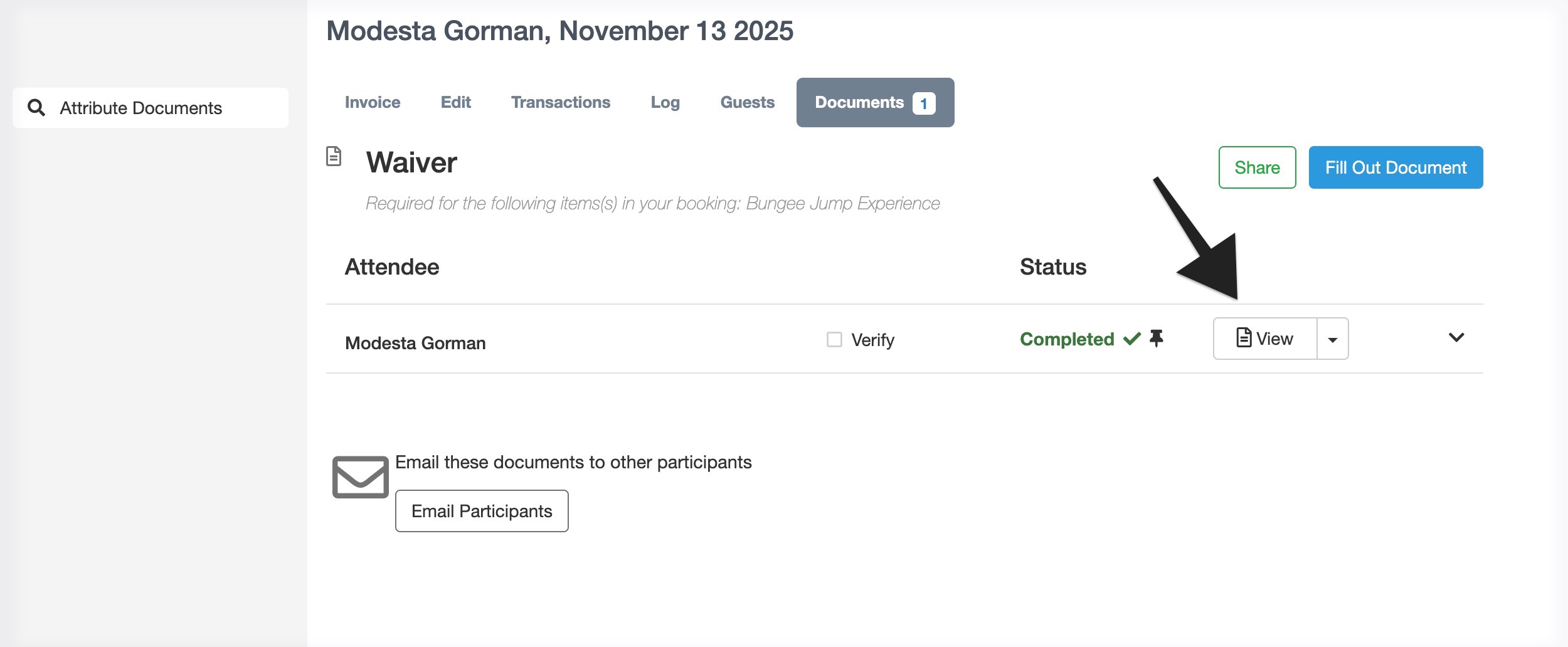 Waiver details page displaying the completed status and a highlighted view button with an arrow.