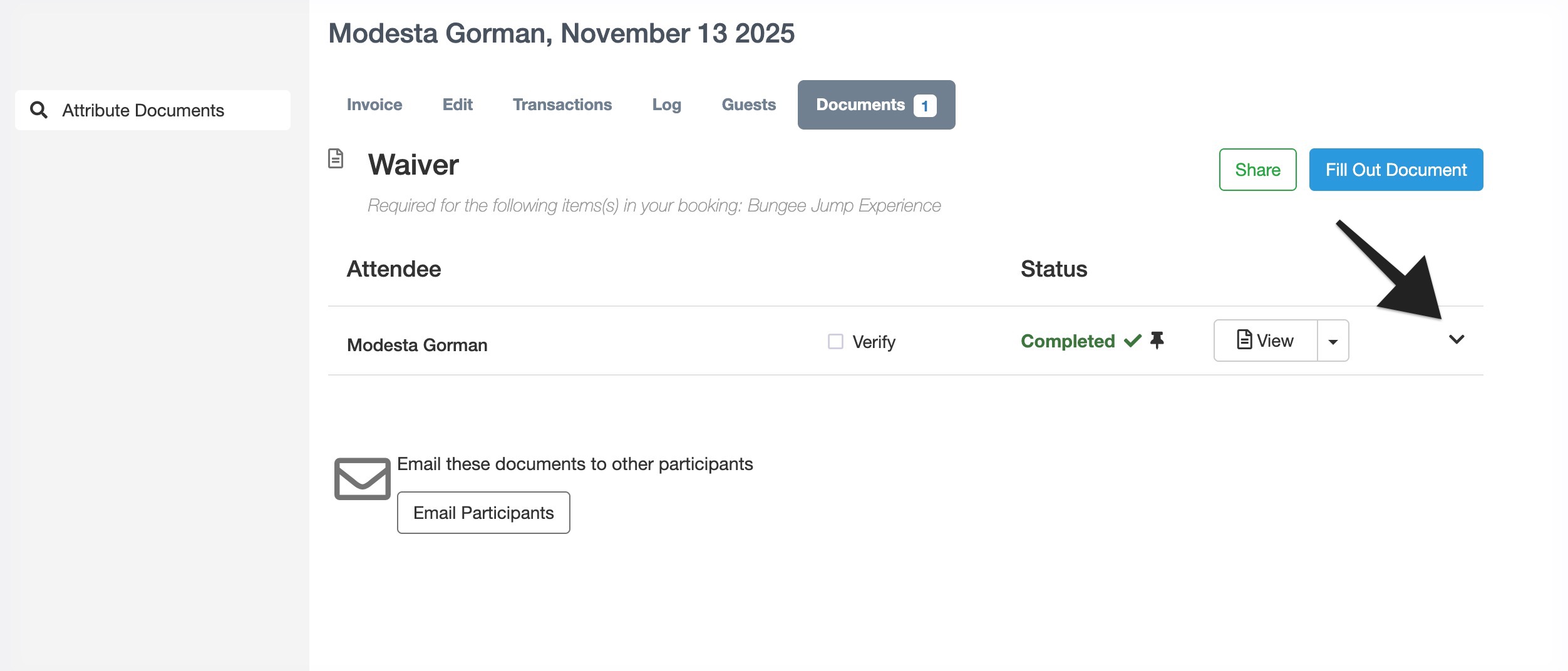 Waiver details screen highlighting the expand arrow icon for additional document options.