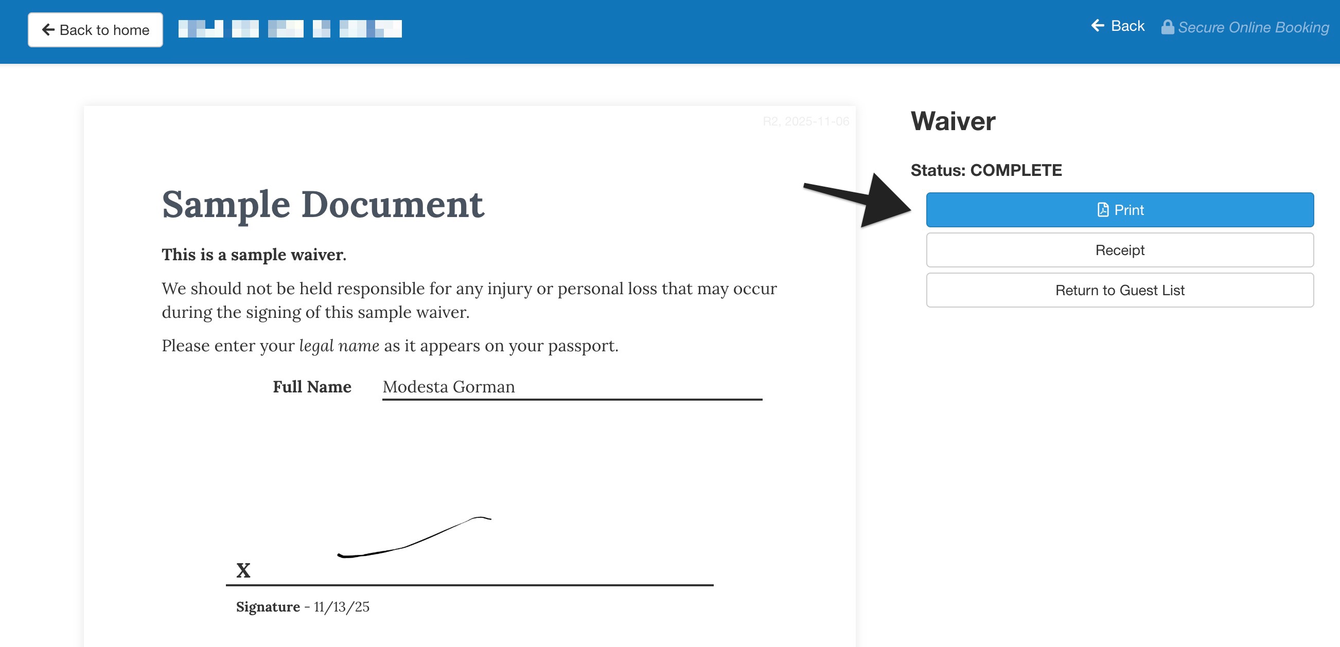 Completed waiver view page highlighting the print button on the right side of the screen.