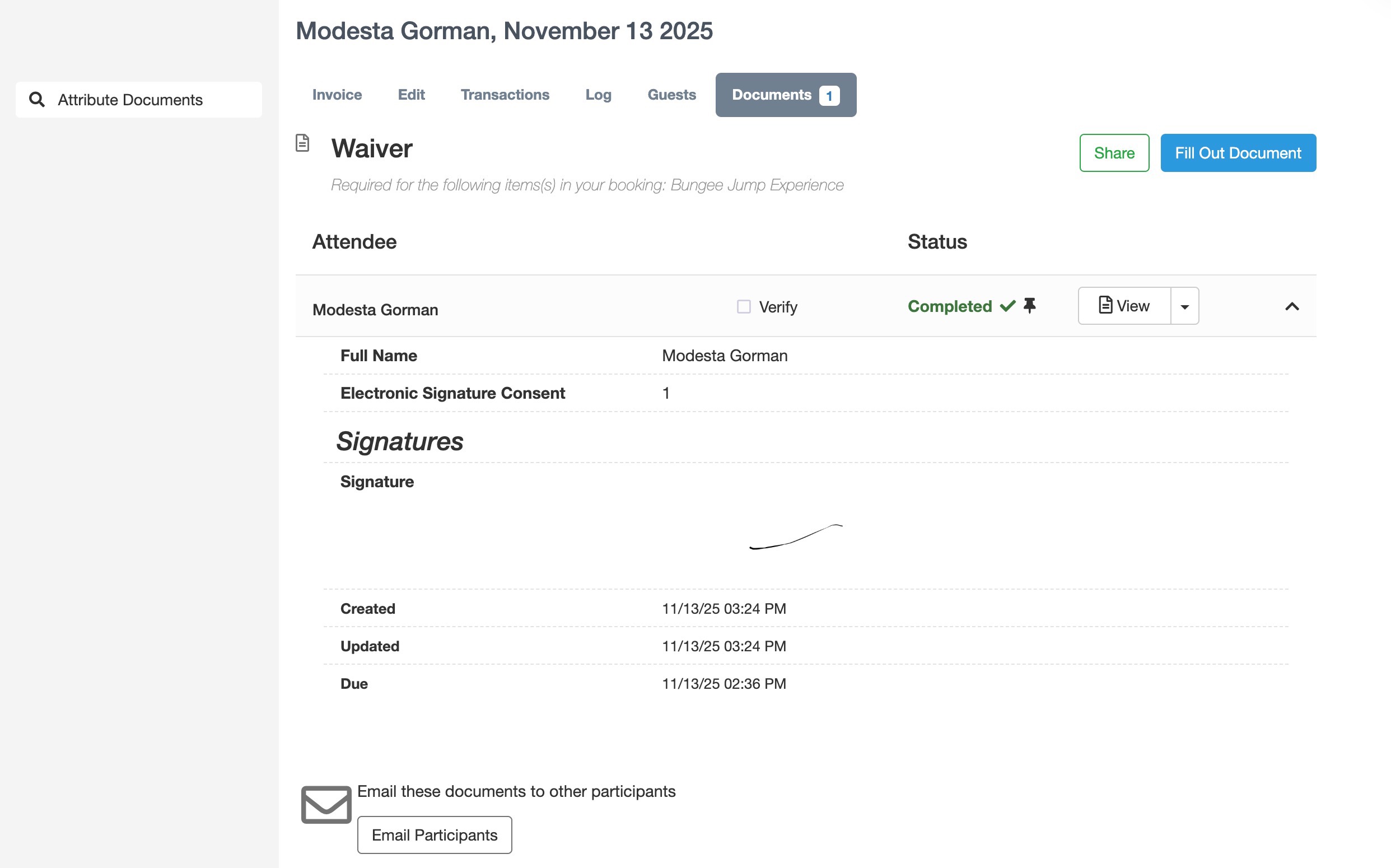 Waiver details page showing expanded document information including attendee name, signature, timestamps, and status marked as completed.