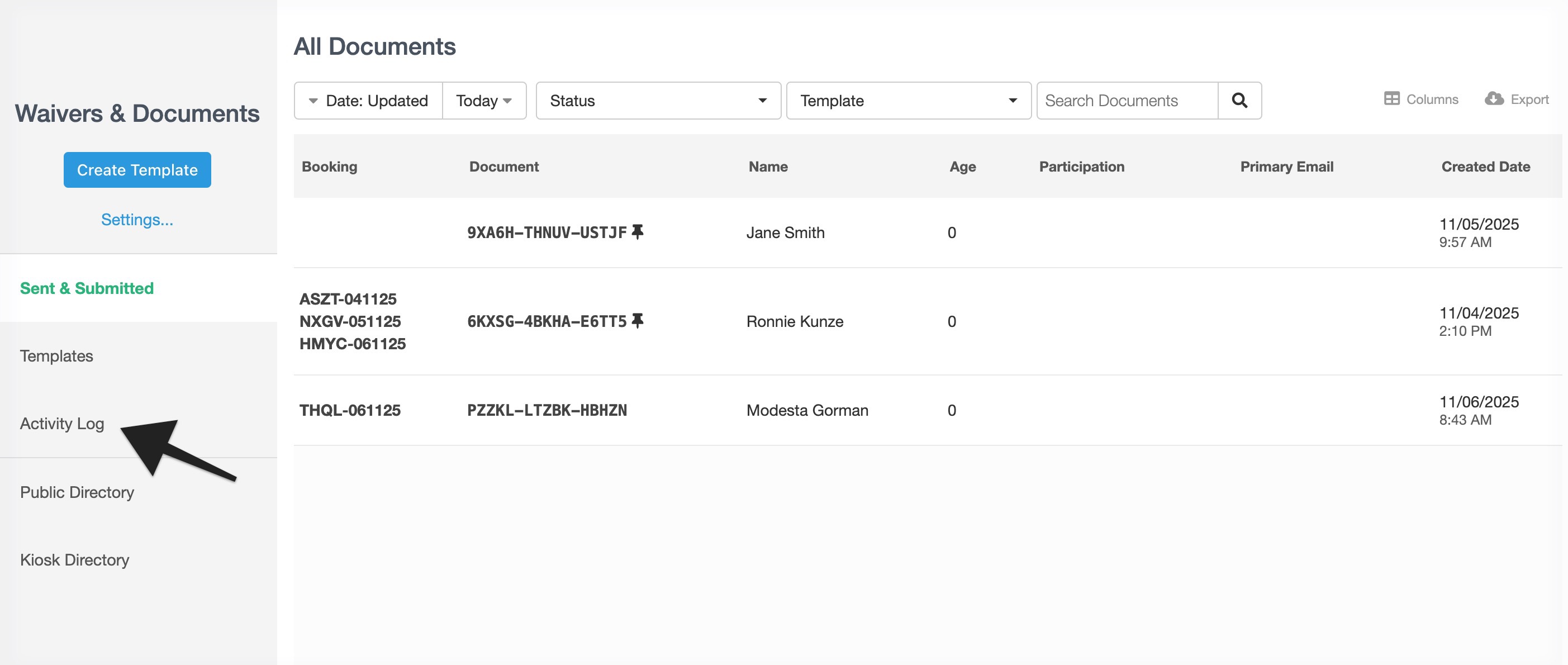 Waivers and Documents dashboard showing the Sent and Submitted section with an arrow pointing to the Activity Log option.