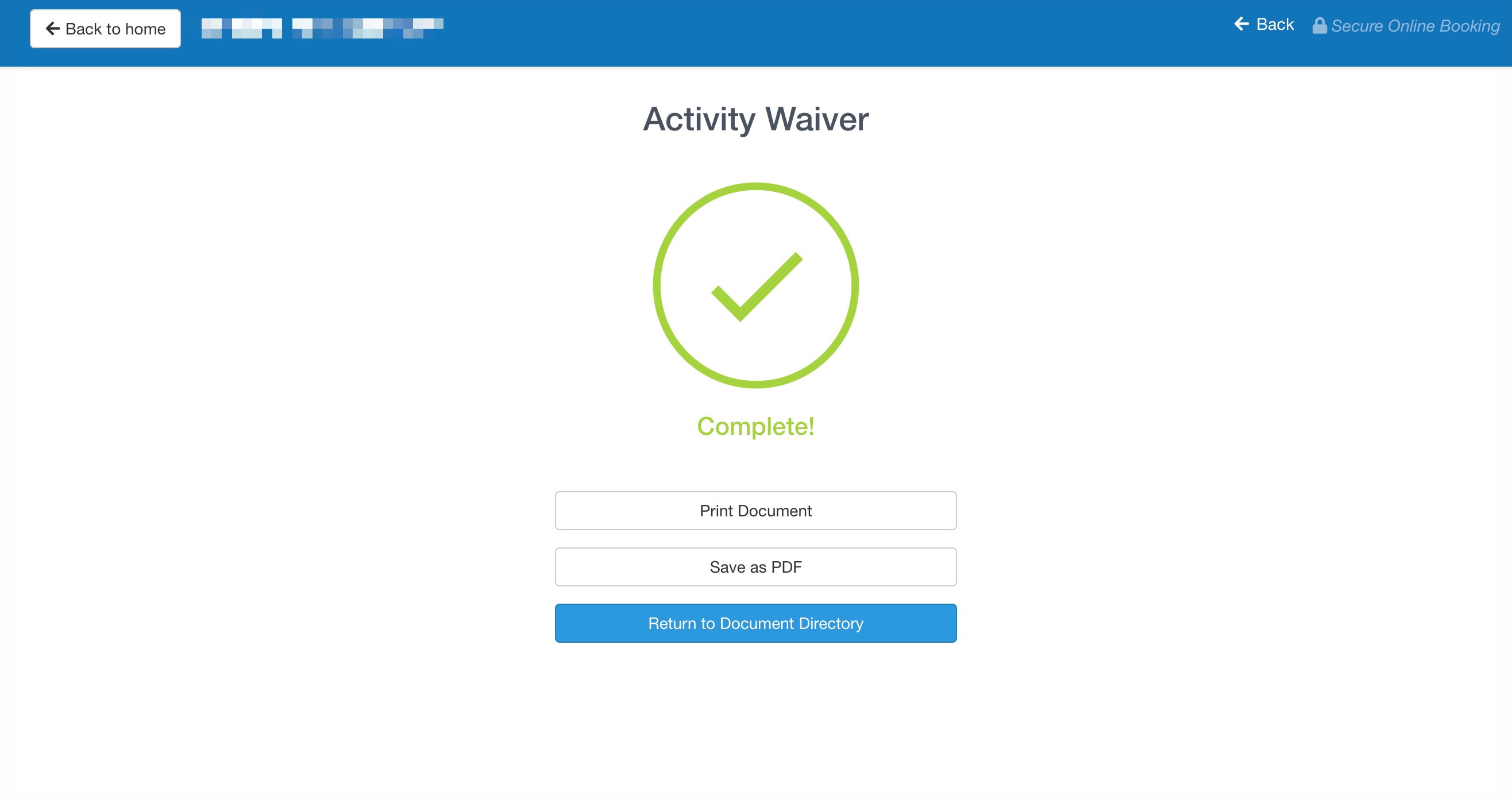 Activity Waiver completion screen showing a large green checkmark with options to print, save as PDF, or return to the document directory.
