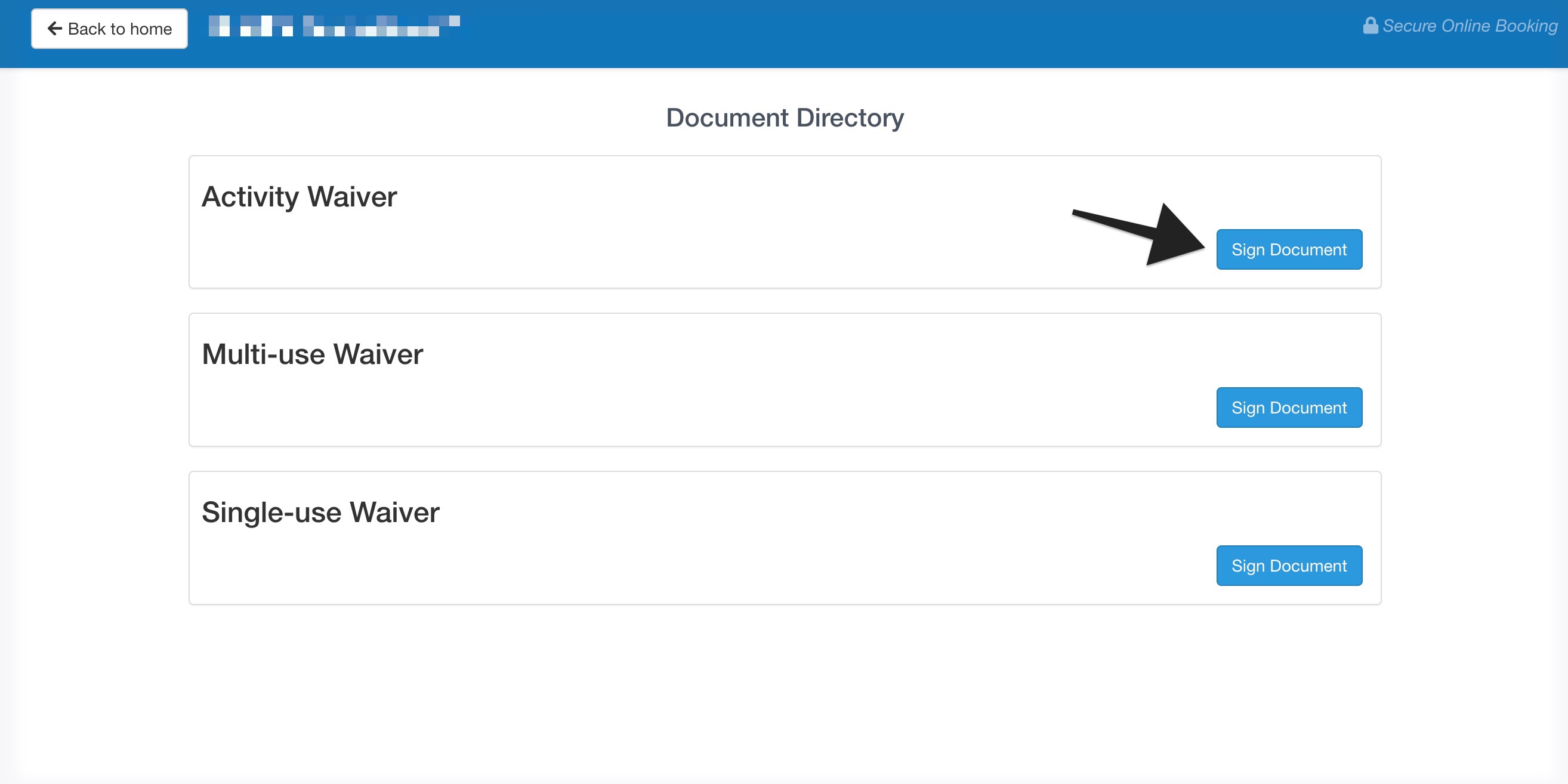 Document Directory page showing multiple waivers with the Sign Document button highlighted next to Activity Waiver.