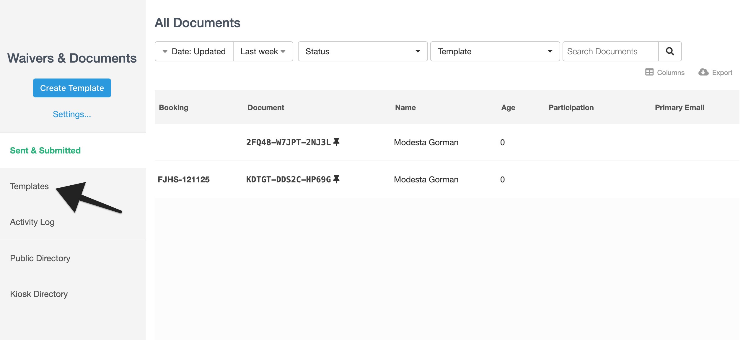 A documents page displays the All Documents list with an arrow pointing to the Templates link in the left navigation menu.