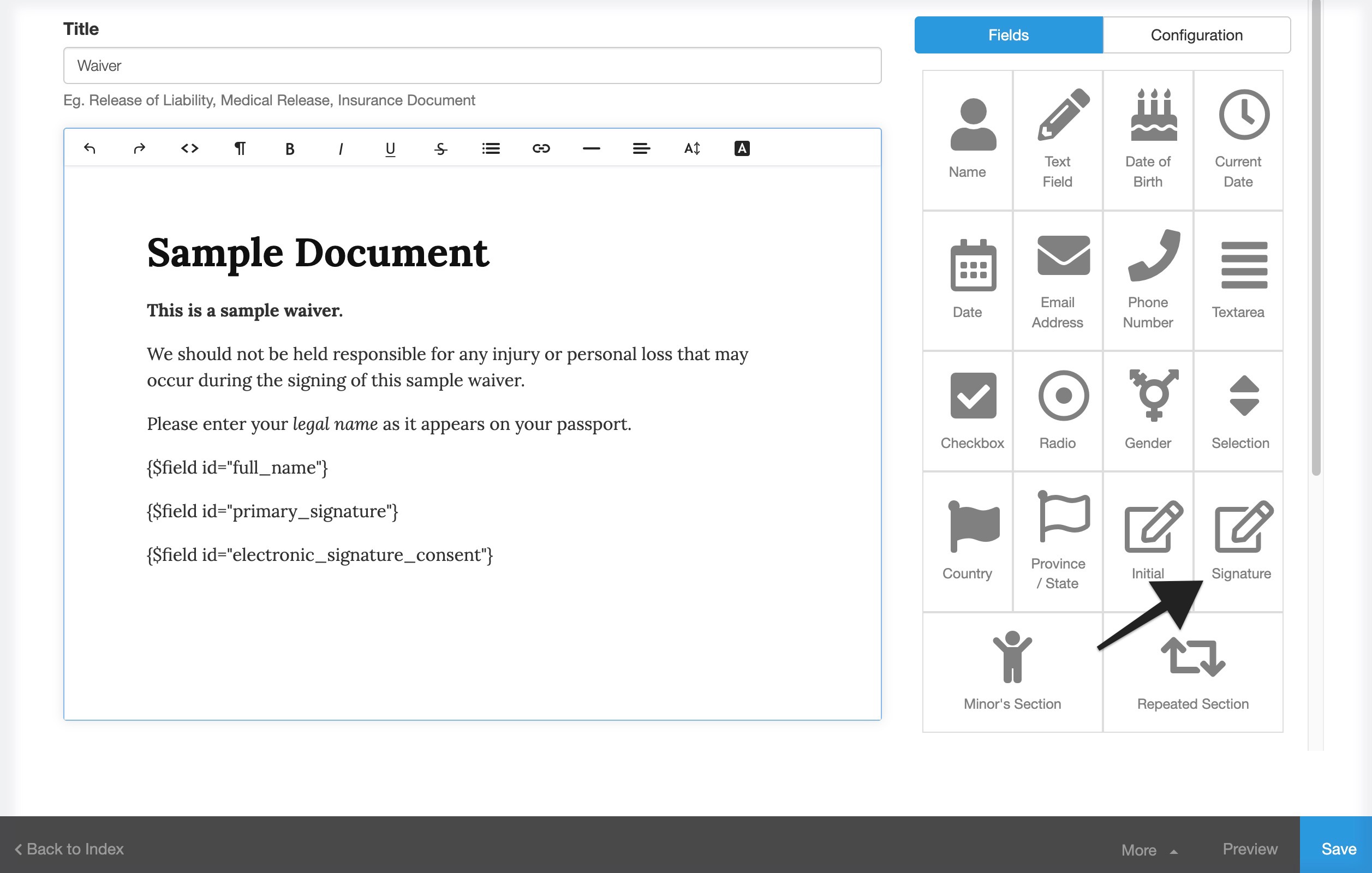 A waiver editor page shows available field types on the right with an arrow pointing to the signature field tile.