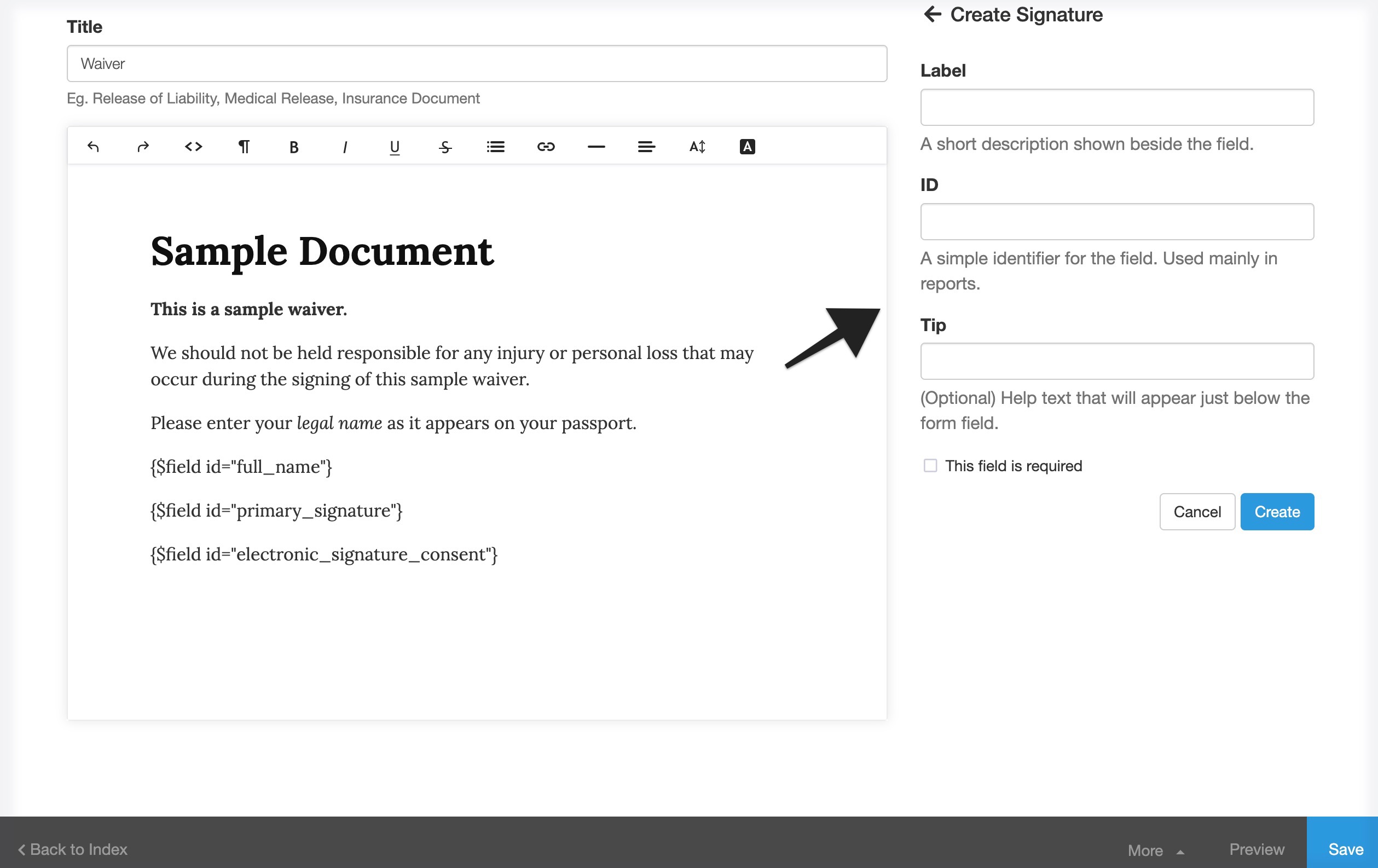 A waiver editor page displays a create signature panel on the right with an arrow pointing toward the panel.