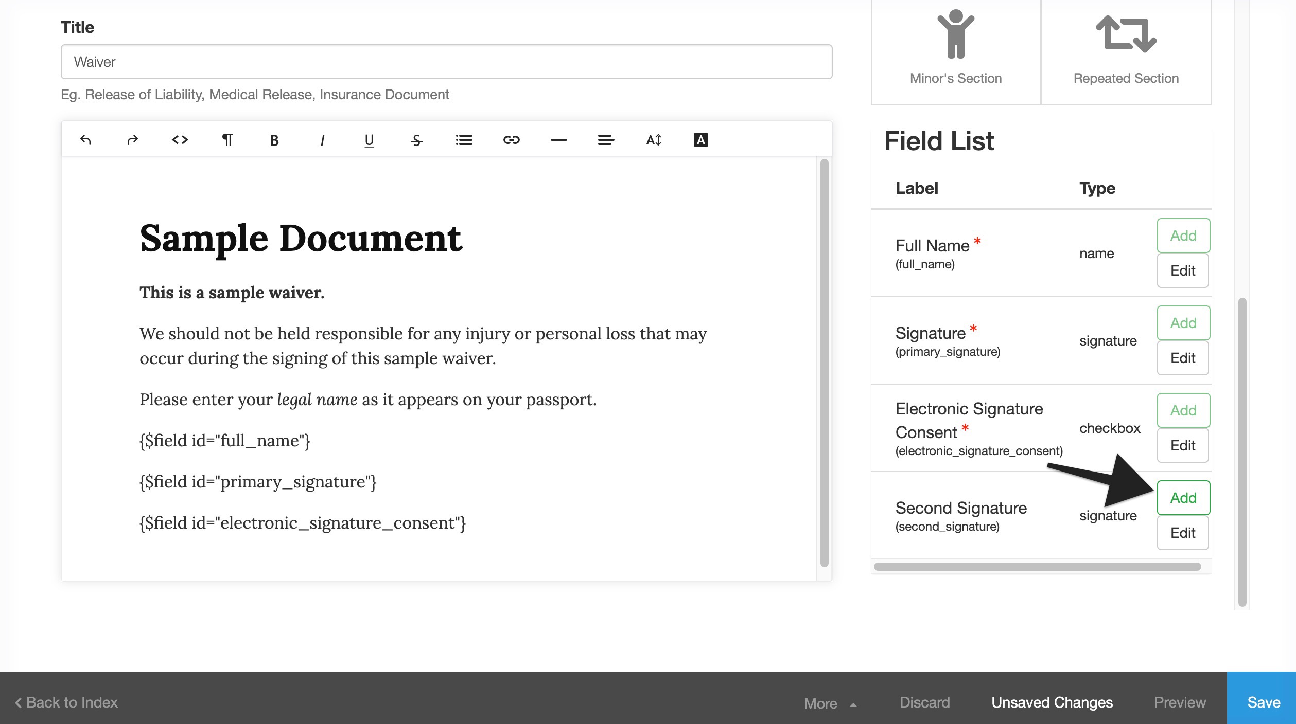 A waiver editor page shows a sample document on the left with an arrow pointing to the second signature field option in the field list on the right.