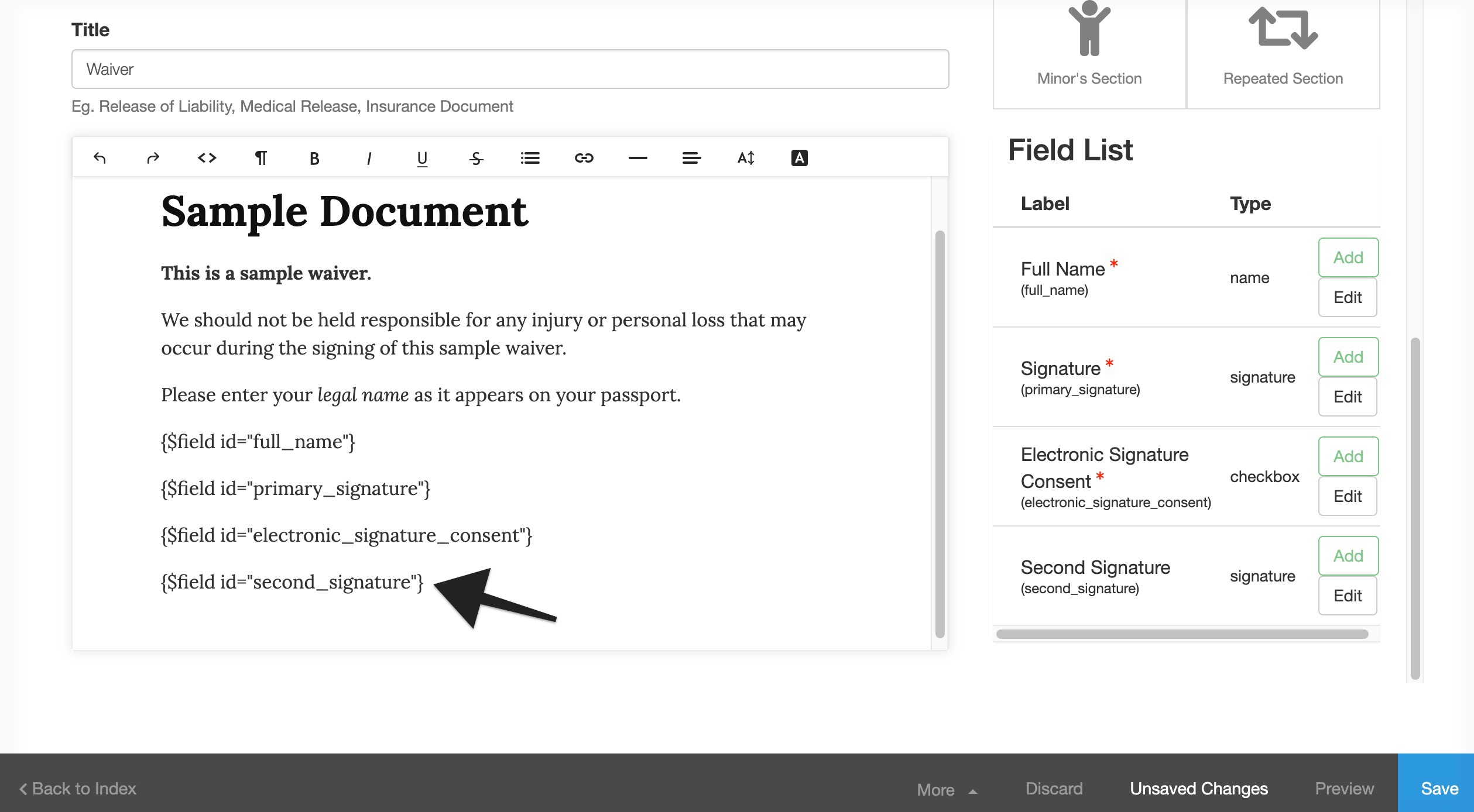 A waiver editor page shows a sample document with an arrow pointing to the newly inserted second signature field placeholder.