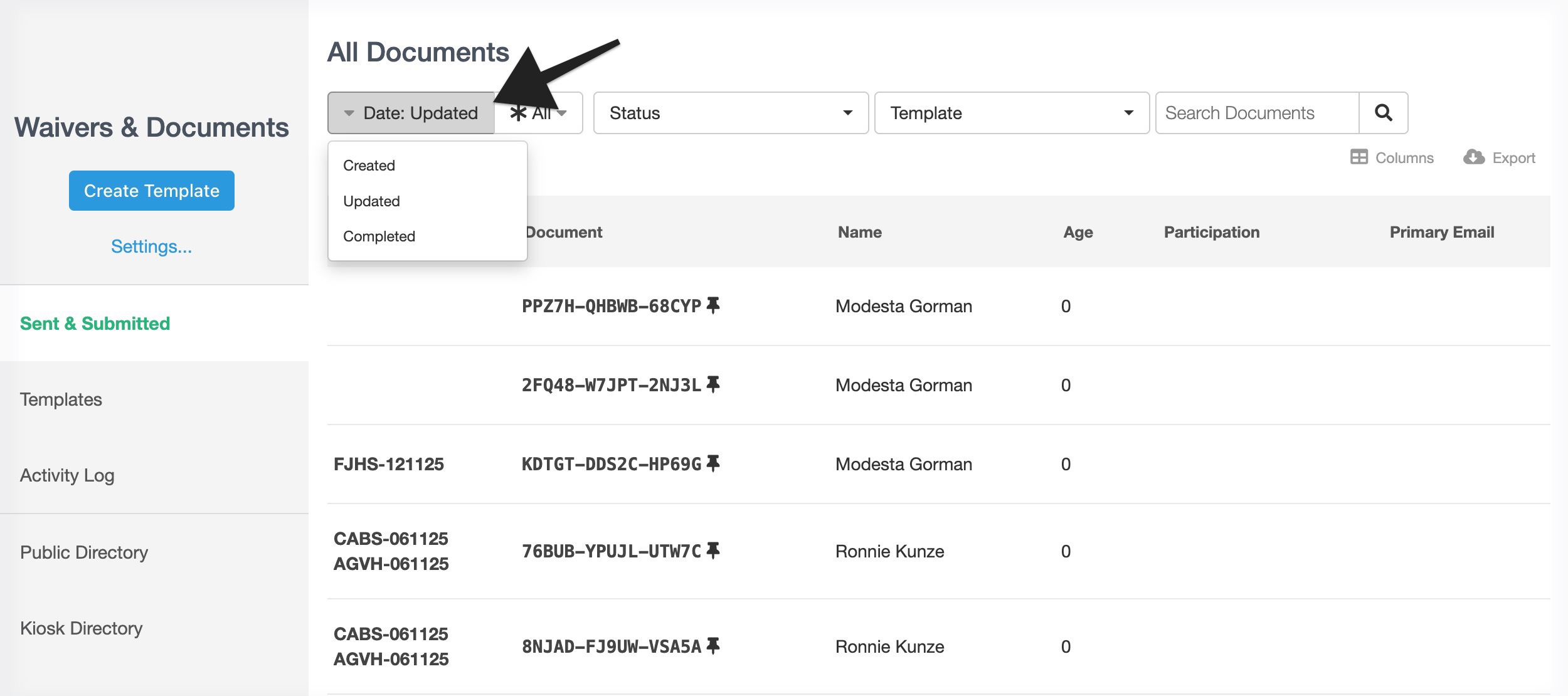Dashboard showing the date filter menu expanded with options to filter documents by created, updated, or completed dates.