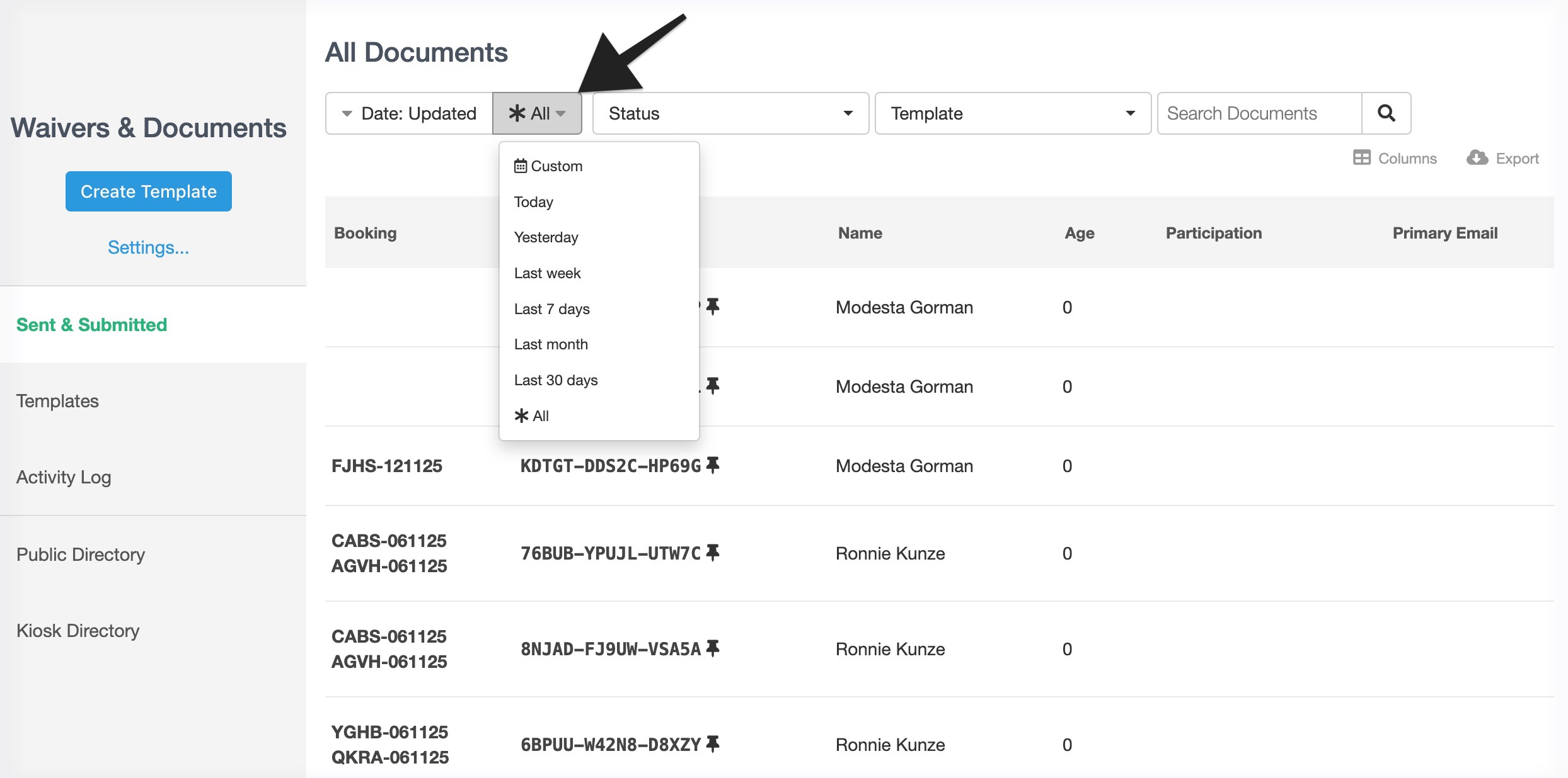 Dashboard showing the duration filter menu expanded with options such as today, yesterday, last week, and last 30 days.