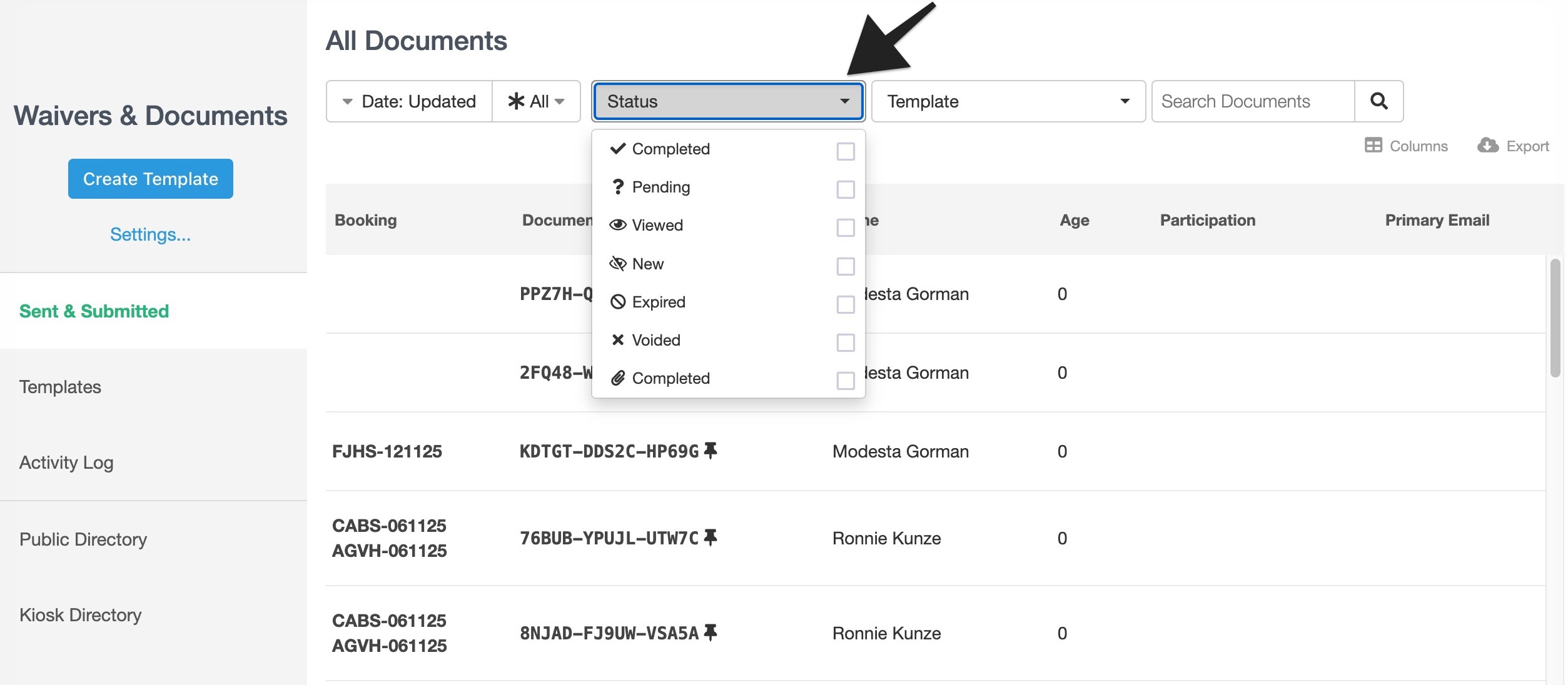 Dashboard showing the status filter menu expanded with multiple status options.