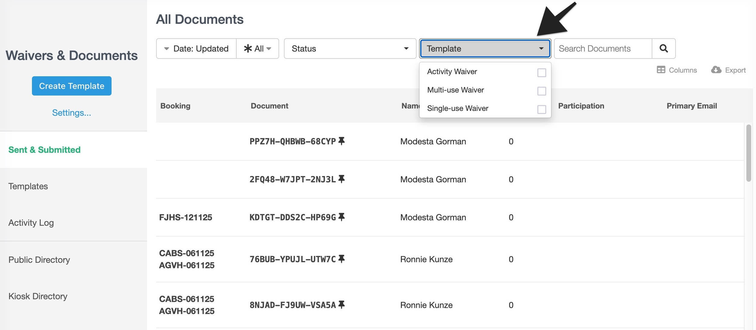 Dashboard showing the template filter menu expanded with a list of available templates.