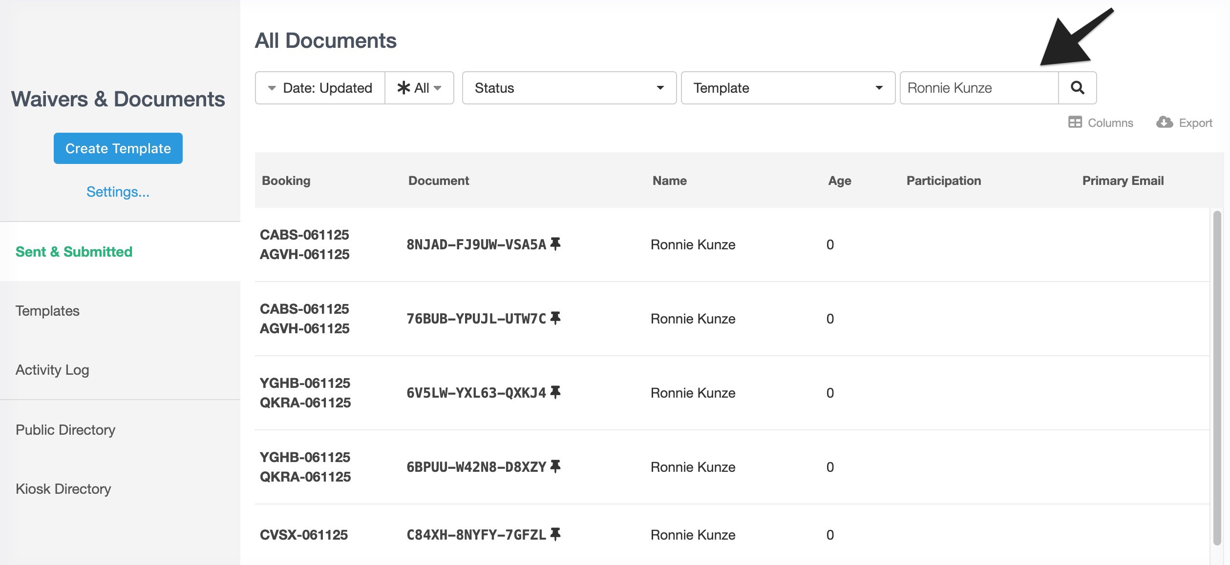 Dashboard showing filtered document results after entering a name into the search field.
