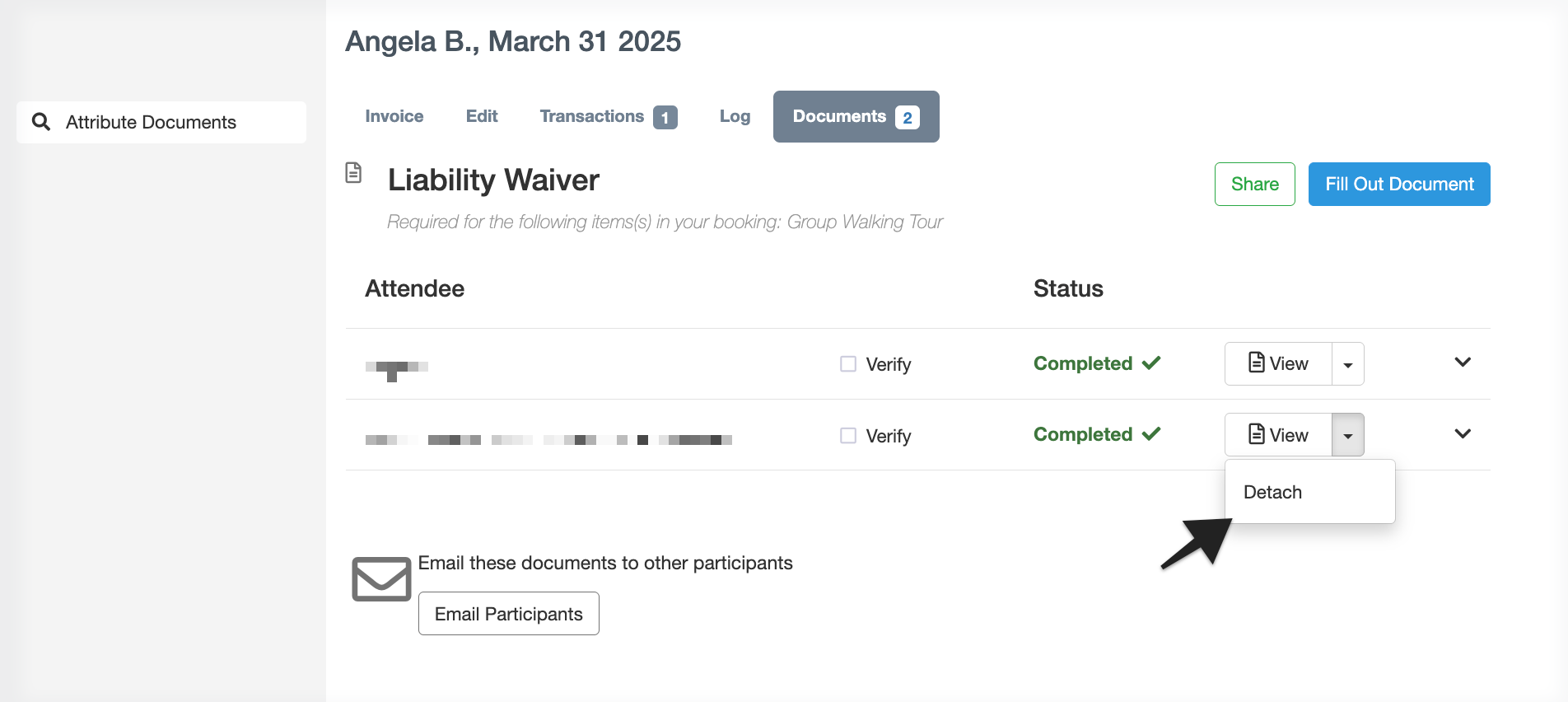 Documents tab of Booking Invoice with annotation pointing to 'Detach' option.