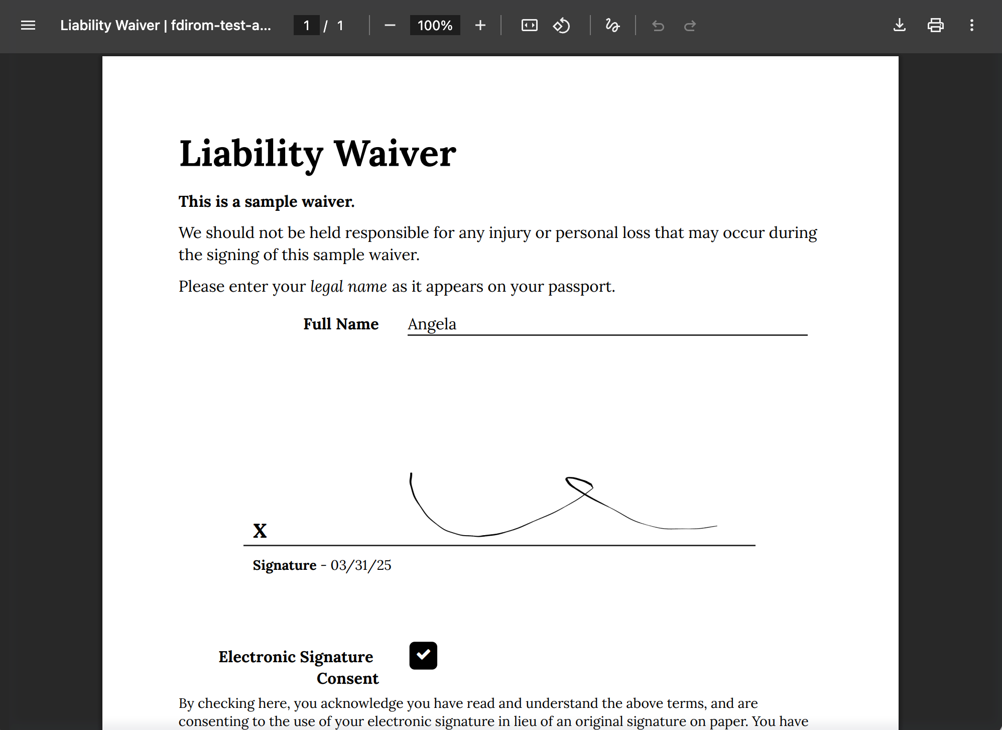 Waiver document in browser document preview.