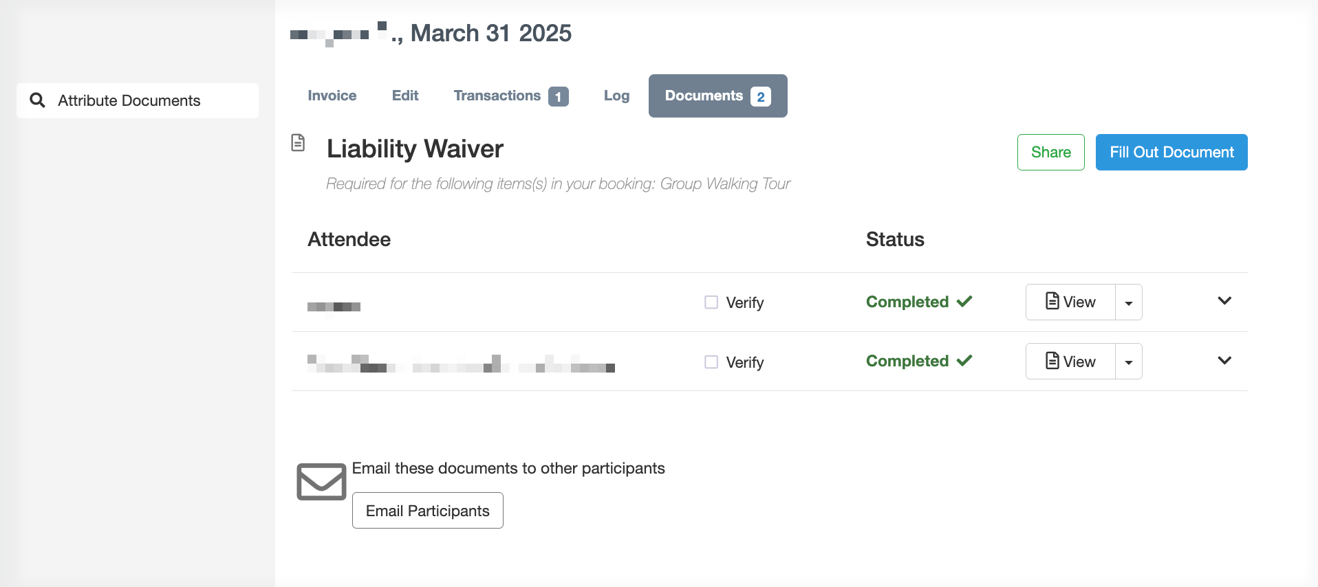 Waiver details screen with a number of documents listed.