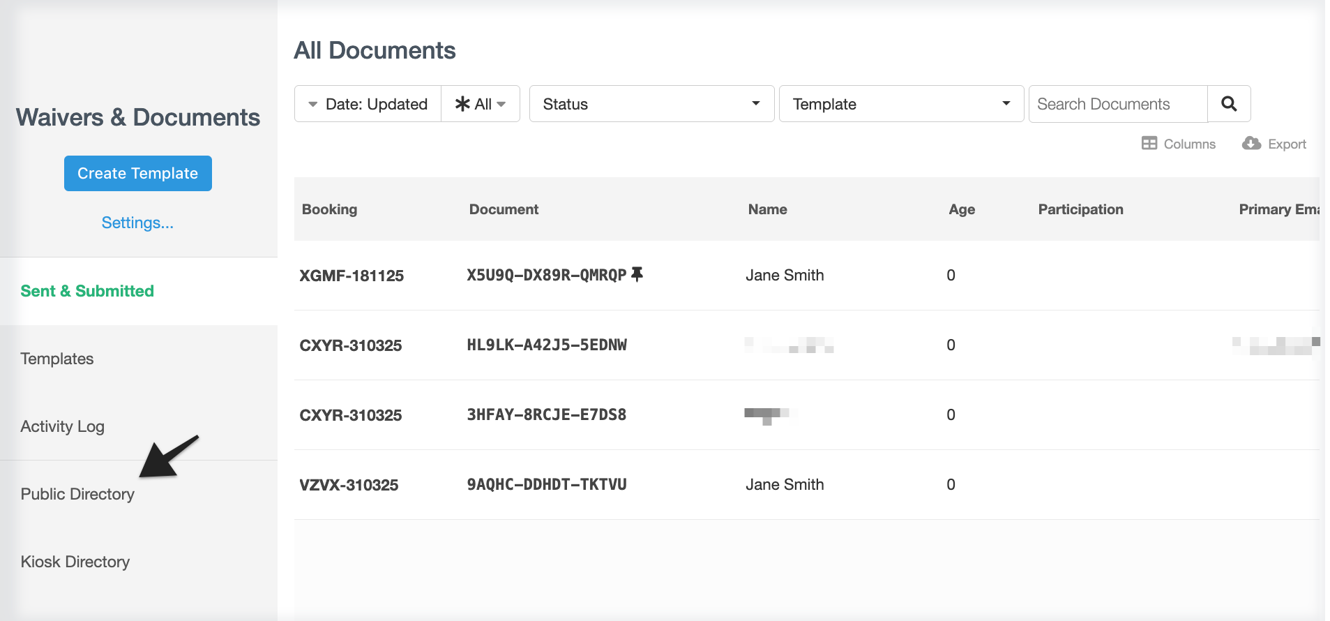 Waivers and documents feature with annotation pointing to 'Public Directory' menu option.
