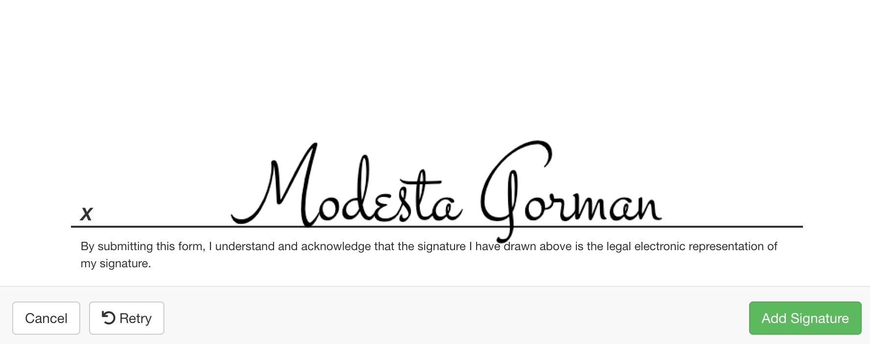 A signature capture window displays a handwritten signature with options to cancel, retry, or add the signature.