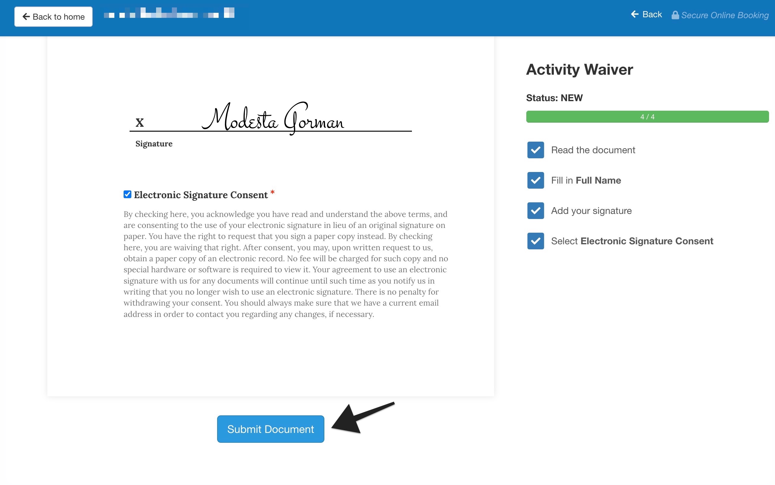 A filled waiver shows a signature, electronic signature consent, and a Submit Document button indicated by an arrow.