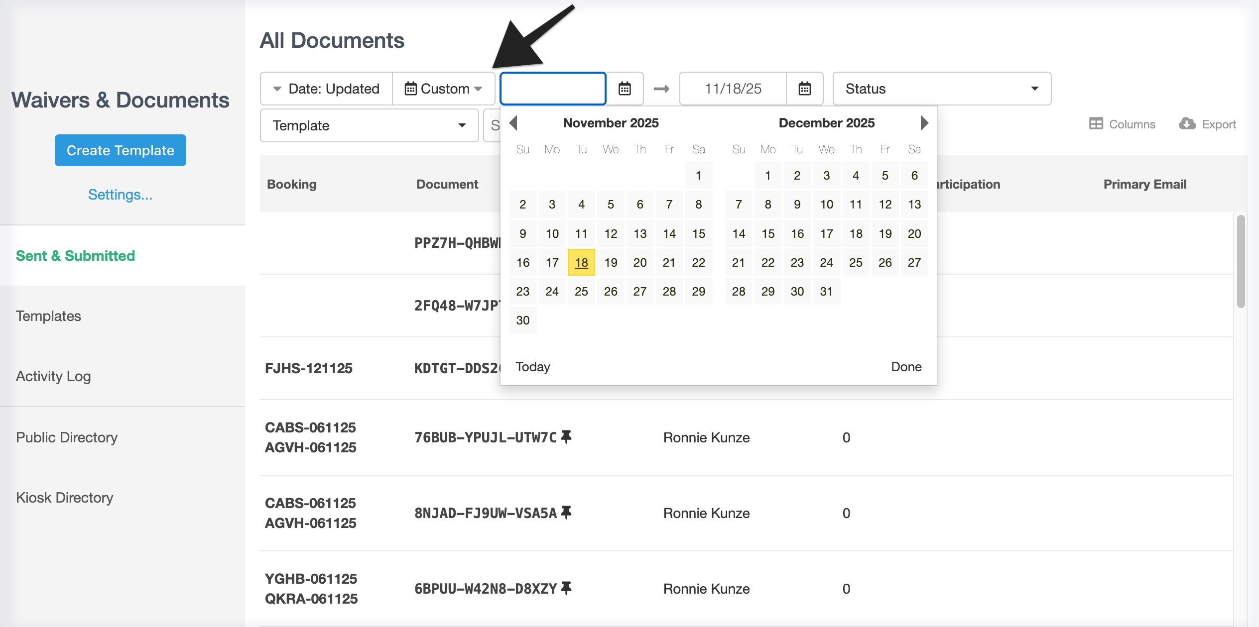 All Documents page of Sent & Submitted waivers with annotation pointing to date filter.