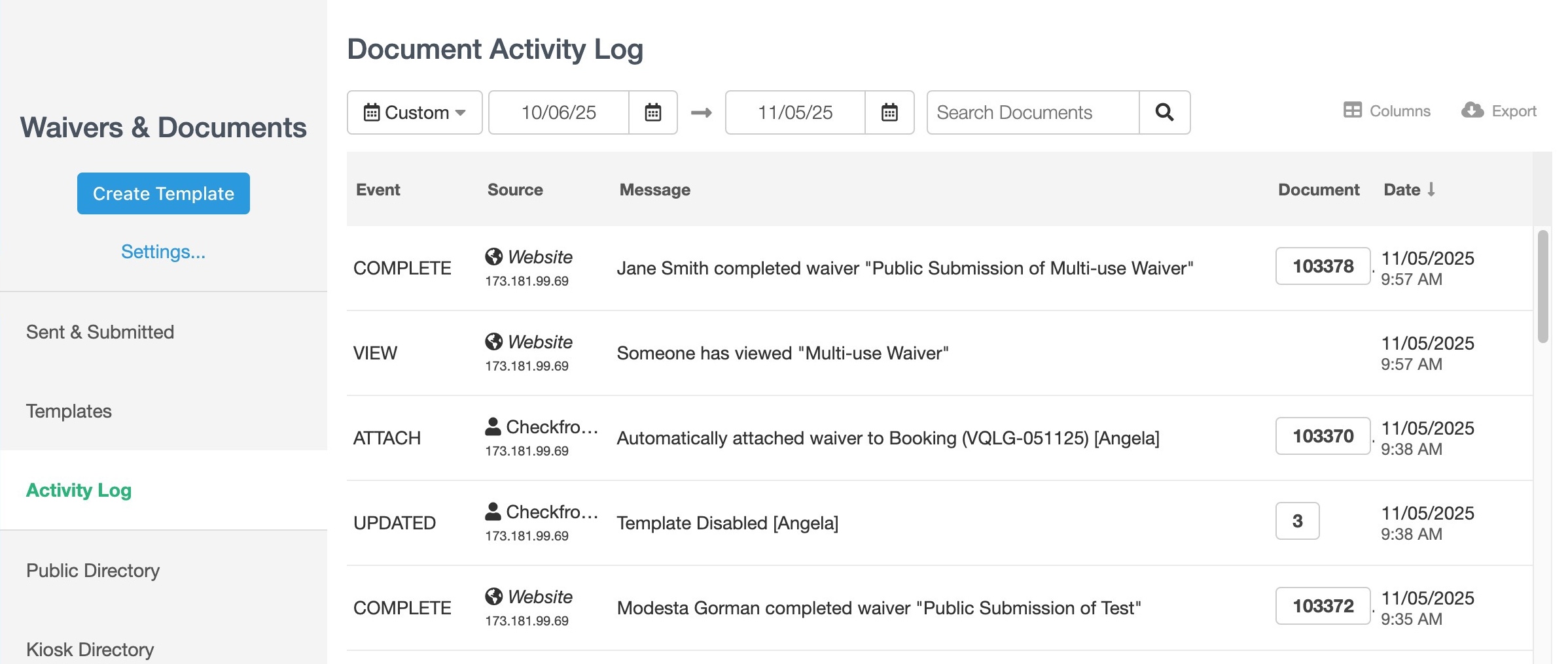 Document activity log