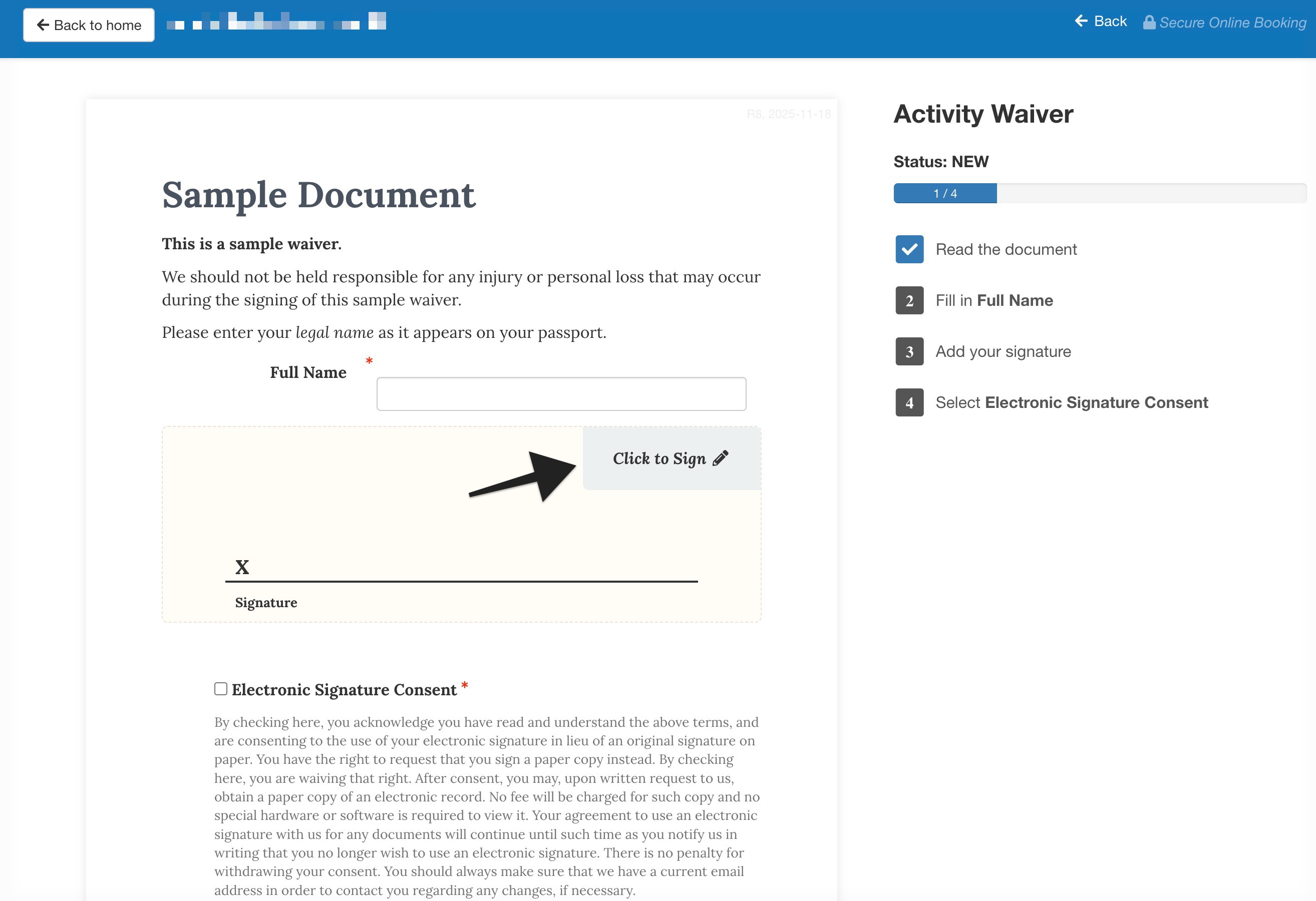 Sample waiver with annotation pointing to signature field.