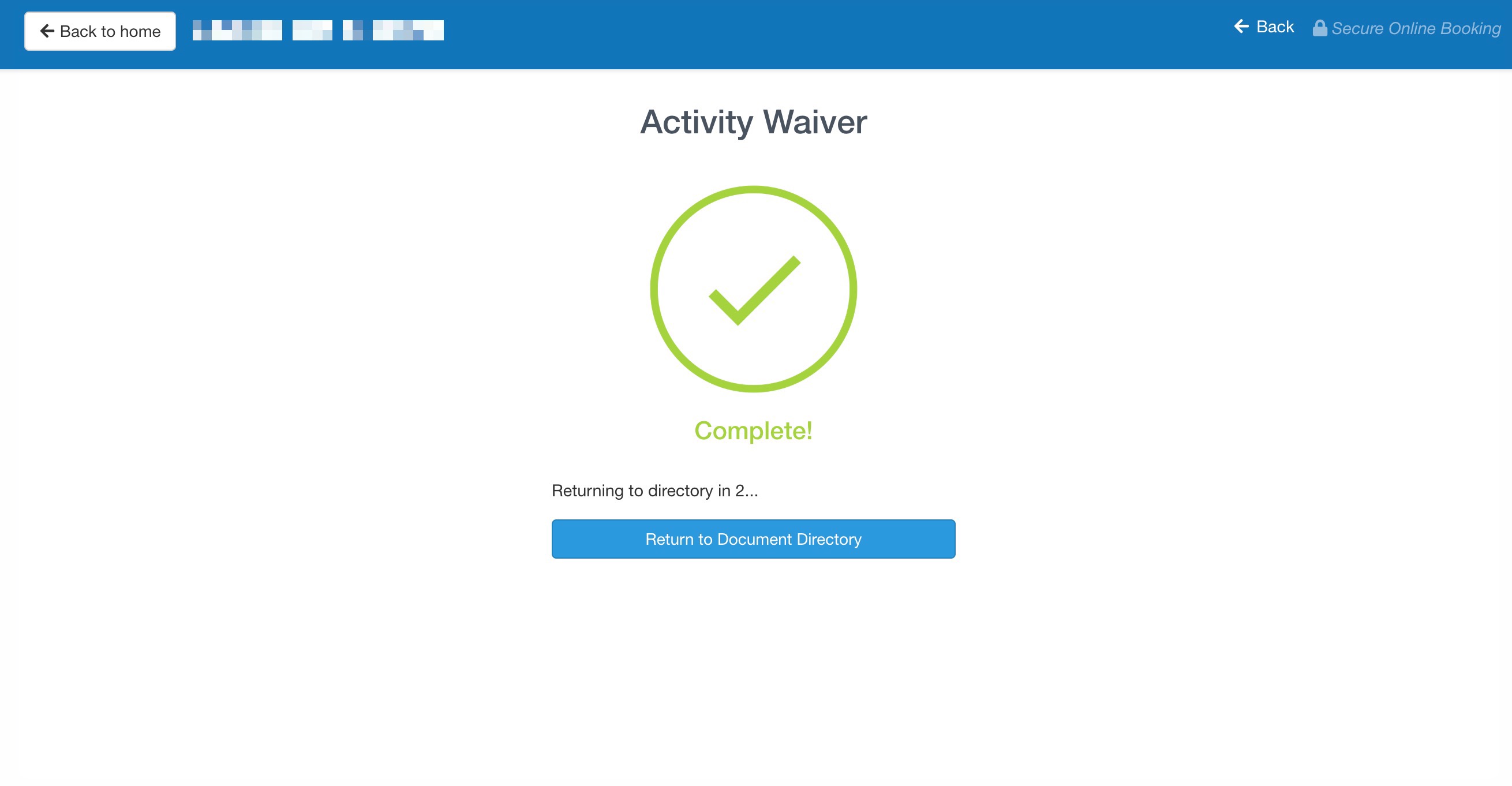 Confirmation page of Kiosk without options to print or save waiver.